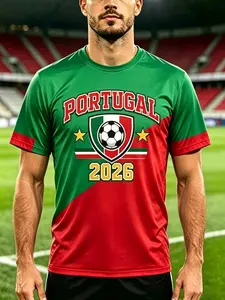 Men's Printed T-Shirt, Summer New Arrival, Portuguese Wolf Head Football Print, Casual Loose-Fit, Comfortable Breathable