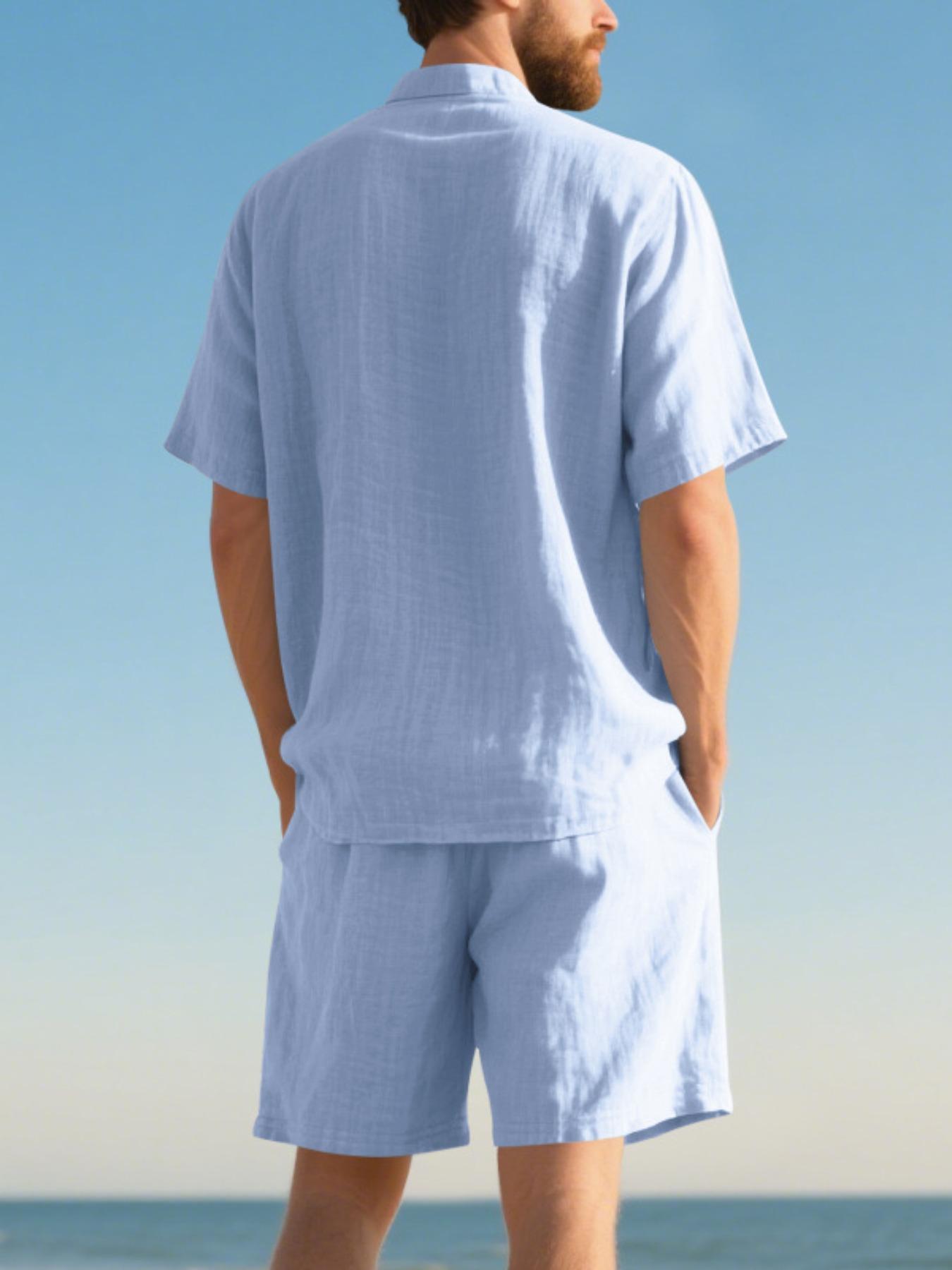 Men's Trendy Casual Linen 2-Piece Set, Henry Neck Shirt & Shorts, Summer Beach Vacation Style, Easy Match for Beach & Daily Wear