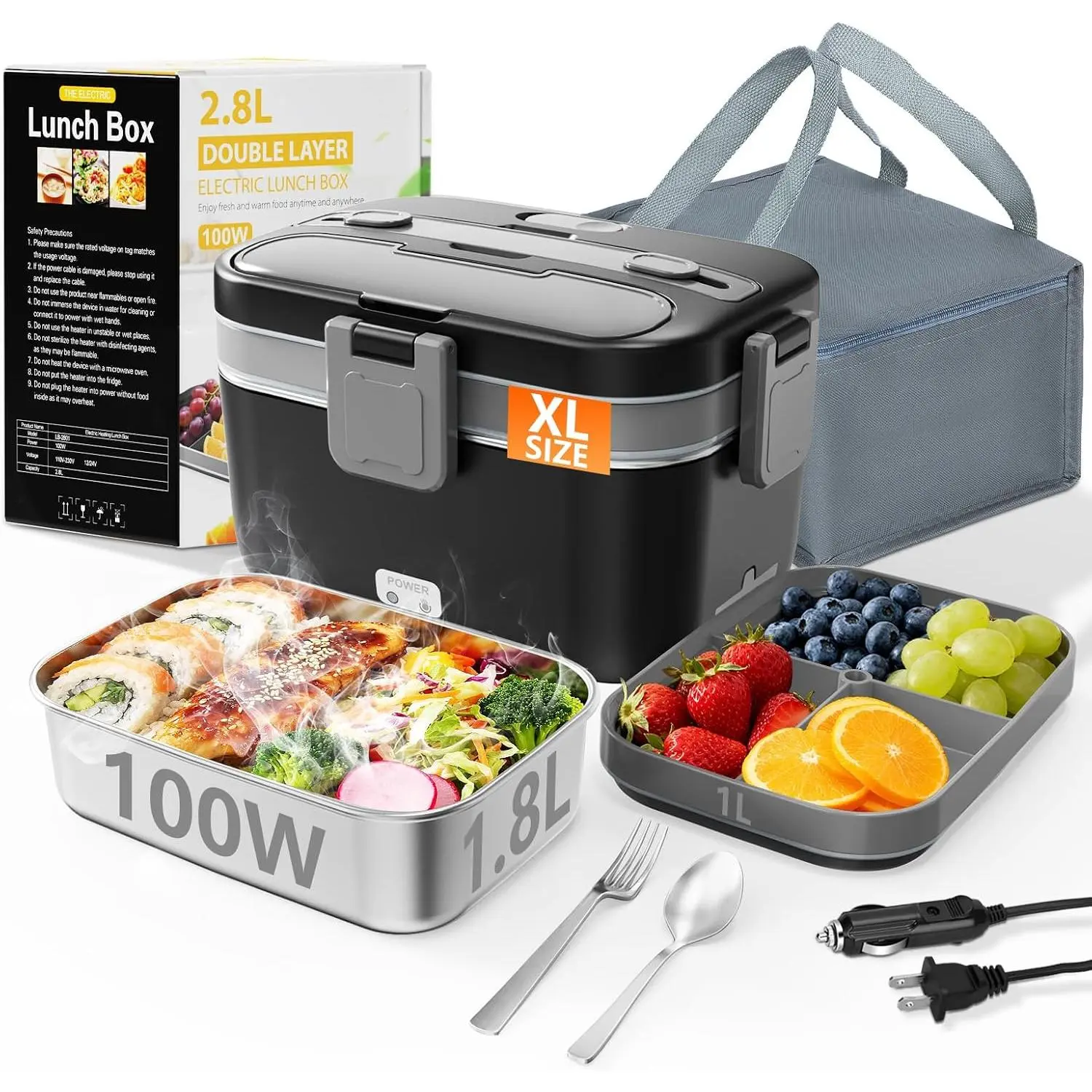 Electric Lunch Box for Adults, 2.8L Double Layer 100W  Heated Lunch Box, Heating  Heater Warmer for  Office   Use,  Lonchera Electrica Portátil 12/24V/110-230V, Black