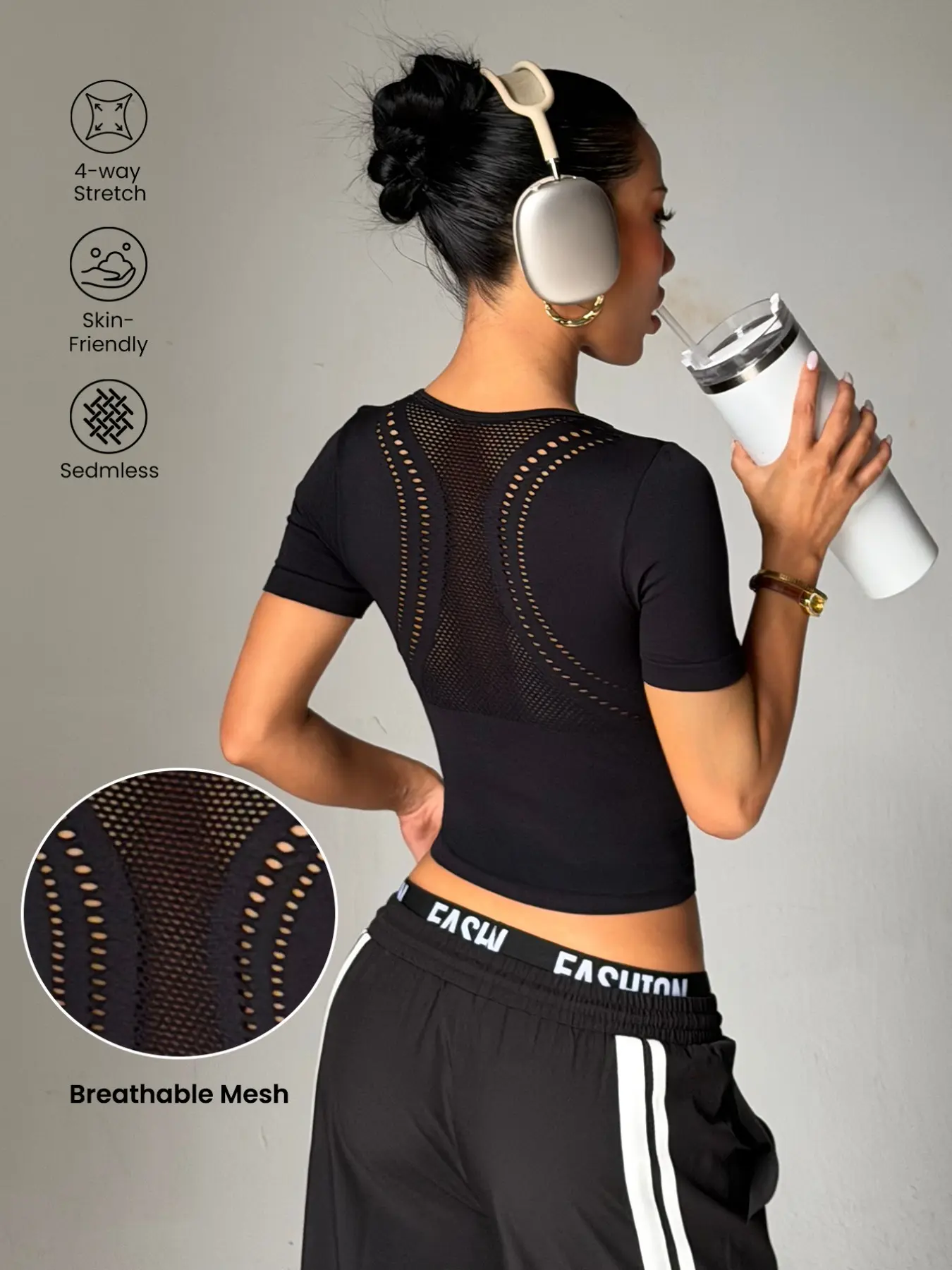 Breathable Mesh Back Seamless Yoga Top for Women, Slim Fit Short Sleeve Gym Training Sport T-Shirt, Comfortable Workout Apparel