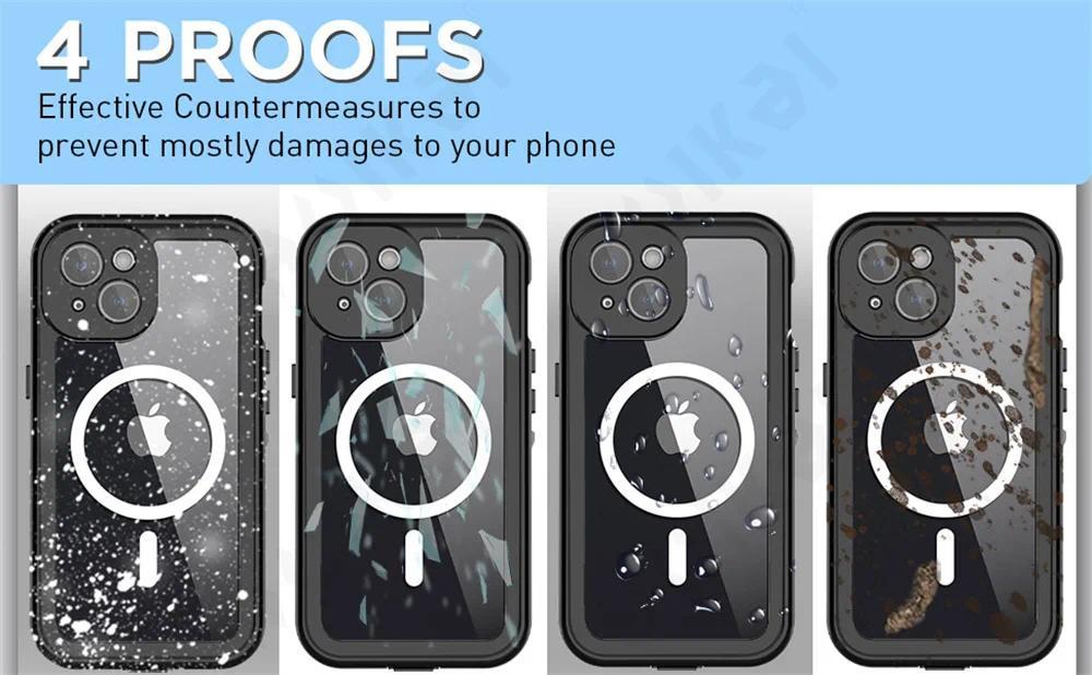 IP68 Waterproof Magnetic Case For iPhone 17 16 15 14 Pro Max Pro 13 Pro Max Protector Full Body Protective Dustproof Phone Case