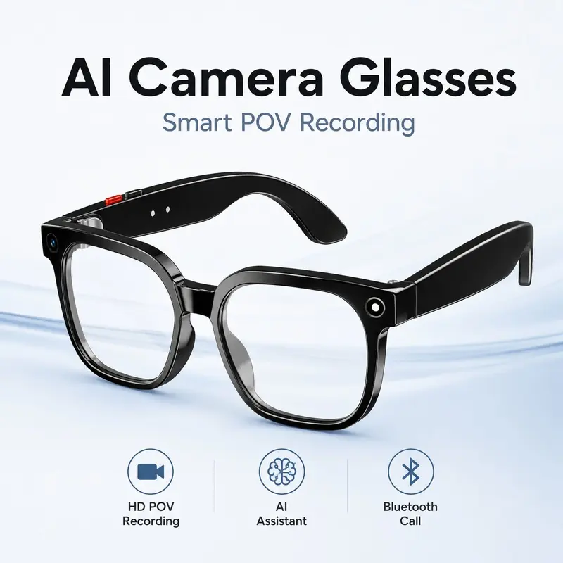AI Smart Camera Glasses for Men and Women, HD Hands-Free POV Video Recording Eyewear with Voice Assistant, Real-Time Translation, Bluetooth Calls, Music Playback, WiFi Photo Transfer, Clear or Sunglasses Lens Options for Travel Cycling Daily Use
