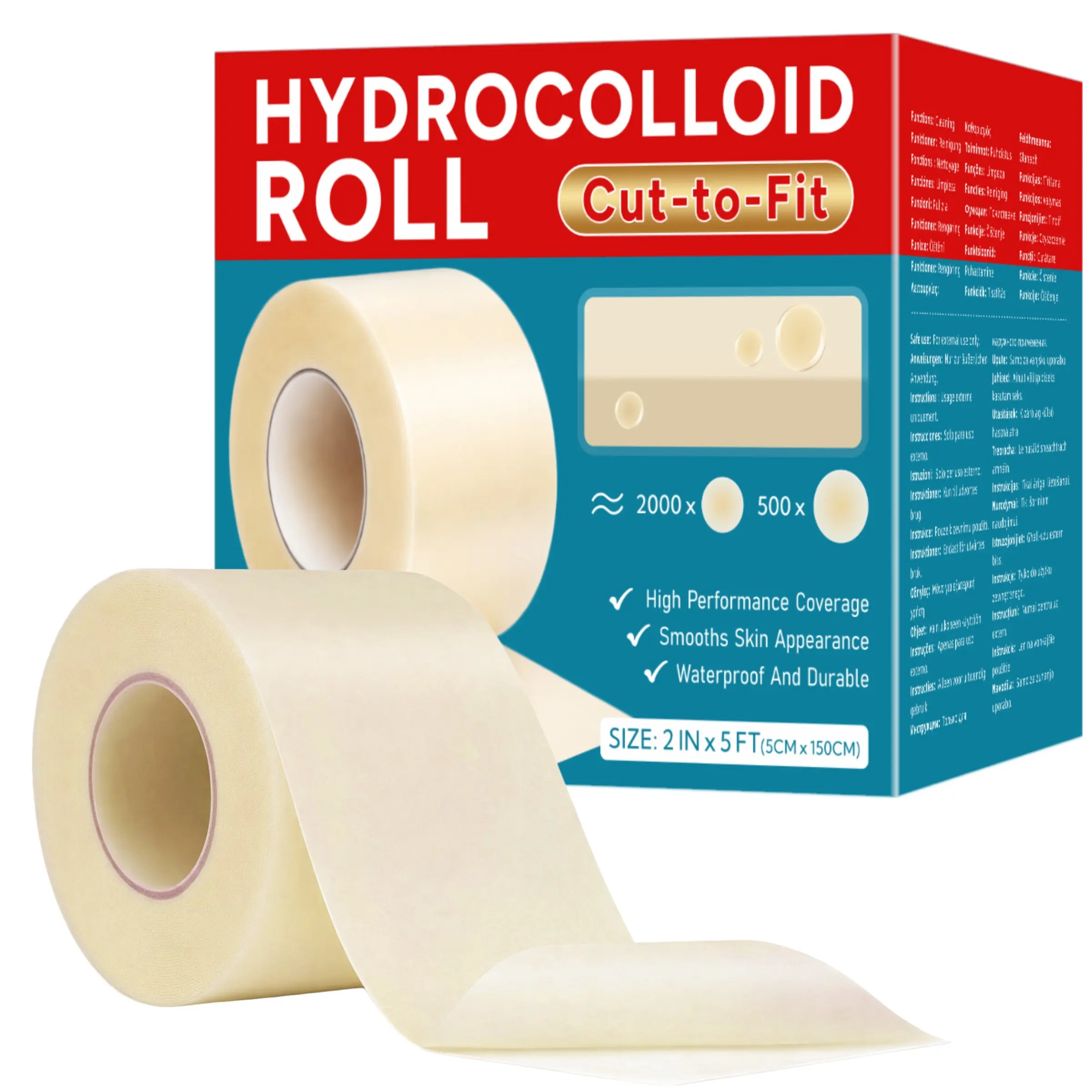 Hydrogel Bandage Roll, Hydrocolloid Adhesive Bandage for Wounds, Flexible Skin Cover for Feet Heels Fingers, Large Wound Dressing Tape