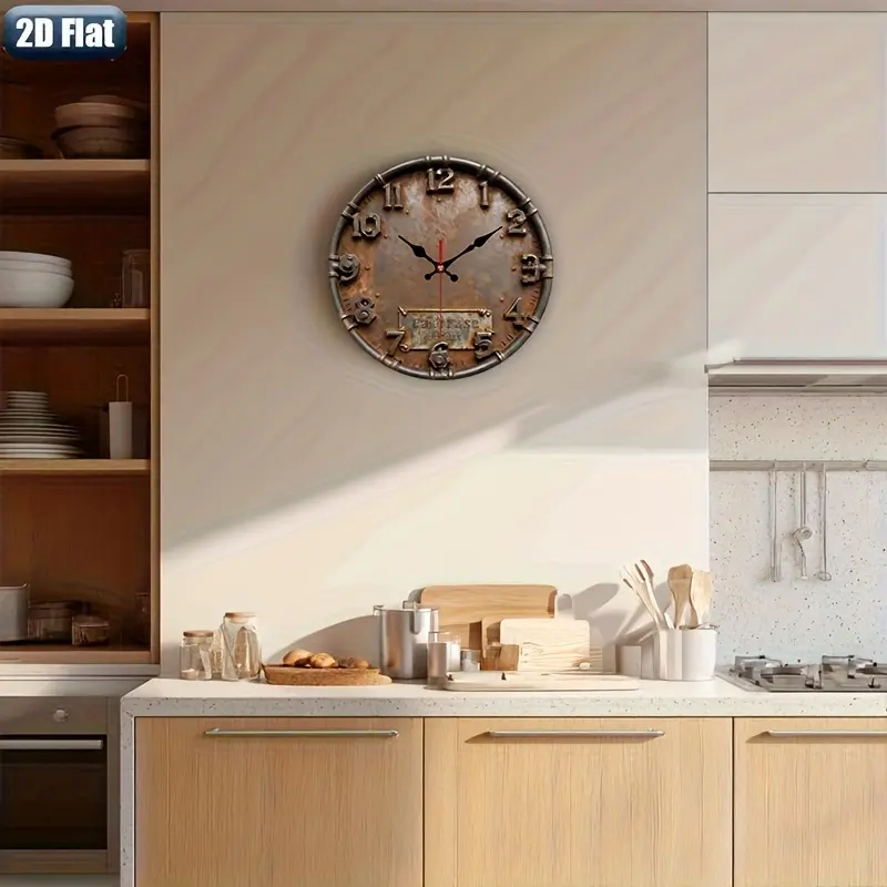 . 2D Flat. 1pc. Industrial Style Themed Wall Clock, Silent Decorative Clock, Creative Wall Clock, Suitable for Decoration in Bedroom, Living Room, and Office, 25/30 cm (AA Battery Not Included), 2D Flat