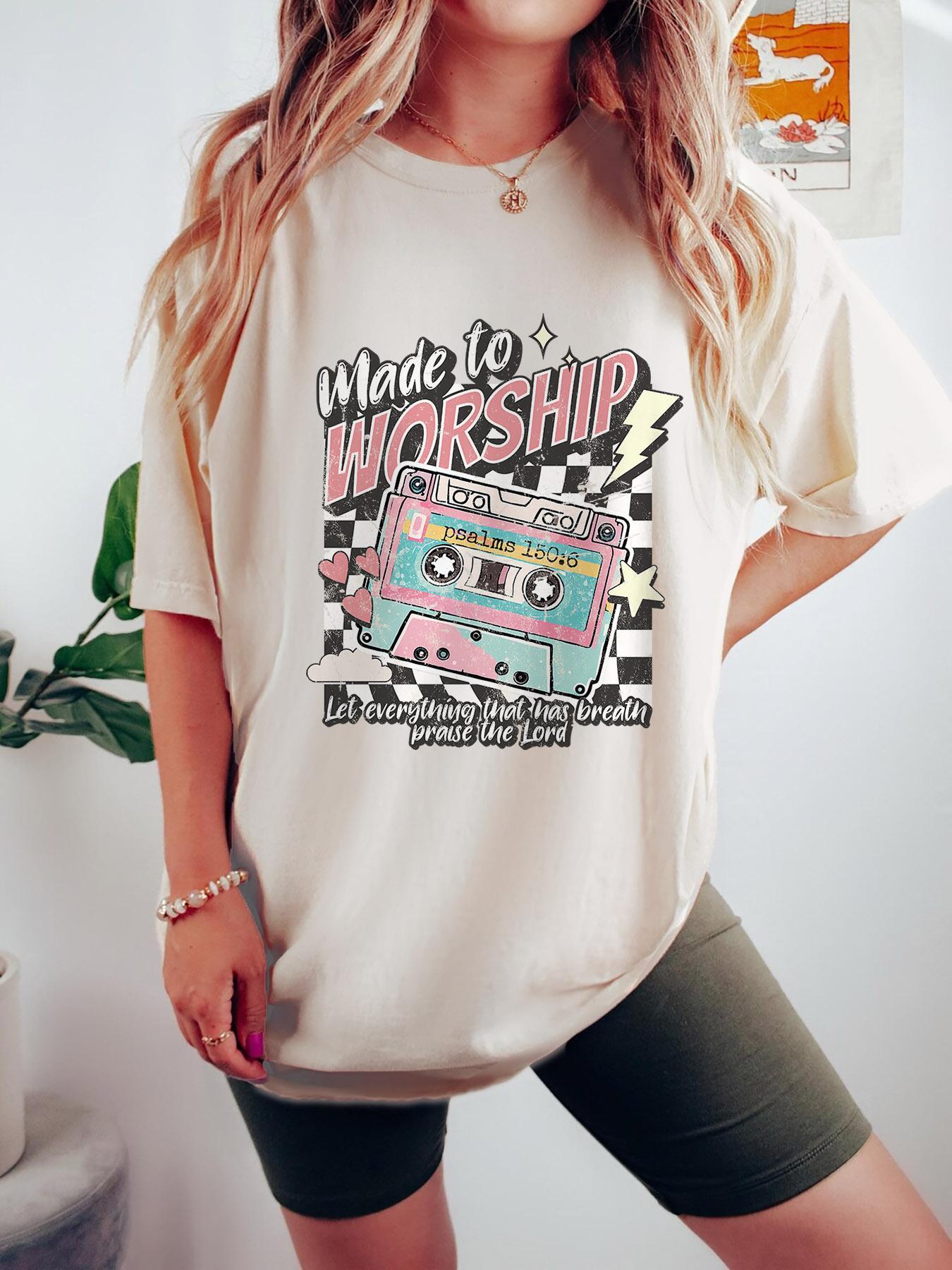 Women's Cassette Tape Print Round Neck Tee, Fashion Casual Letter Graphic Drop Shoulder T-shirt for Daily Holiday Vacation Outdoor Wear, Ladies Clothes for Summer, Casual Fashionable Top, Summer Top, Streetwear, Casual Letters Print, Casual Printed