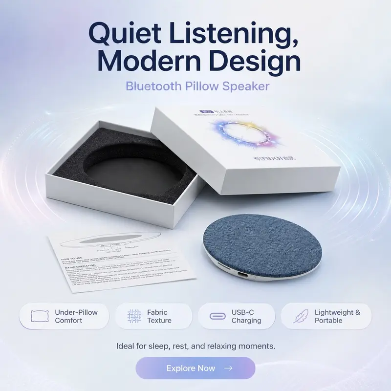 Portable Under Pillow Sleep Speaker, Rechargeable Wireless Bone Conduction Pillow Speaker with Multiple Relaxing Sleep Sounds, Minimalist Round Fabric Bedside Sound Machine for Insomnia Relief, Home Bedroom Night Rest Helper, Compact Travel Sleep Aid