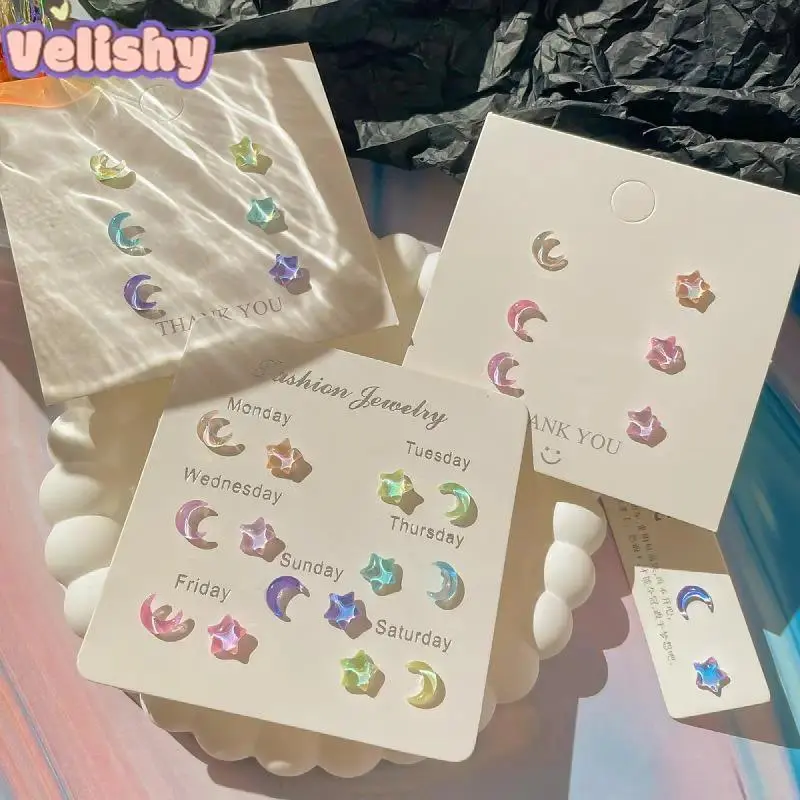 Fantastic Fairy Colorful Star Moon Stud Earrings Set Women Y2K Pink Purple Transparent Cute Earrings Jewelry Gift