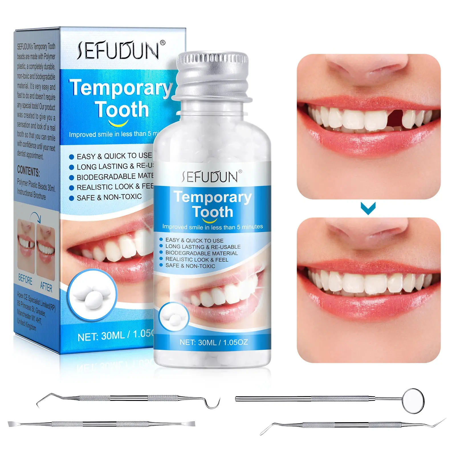 Temporary Dental Repair Kit, 1 Bottle Tooth Repair Granules + 4 Tools, Plastic Tooth Repair Beads, Home Solution for Denture Replacement