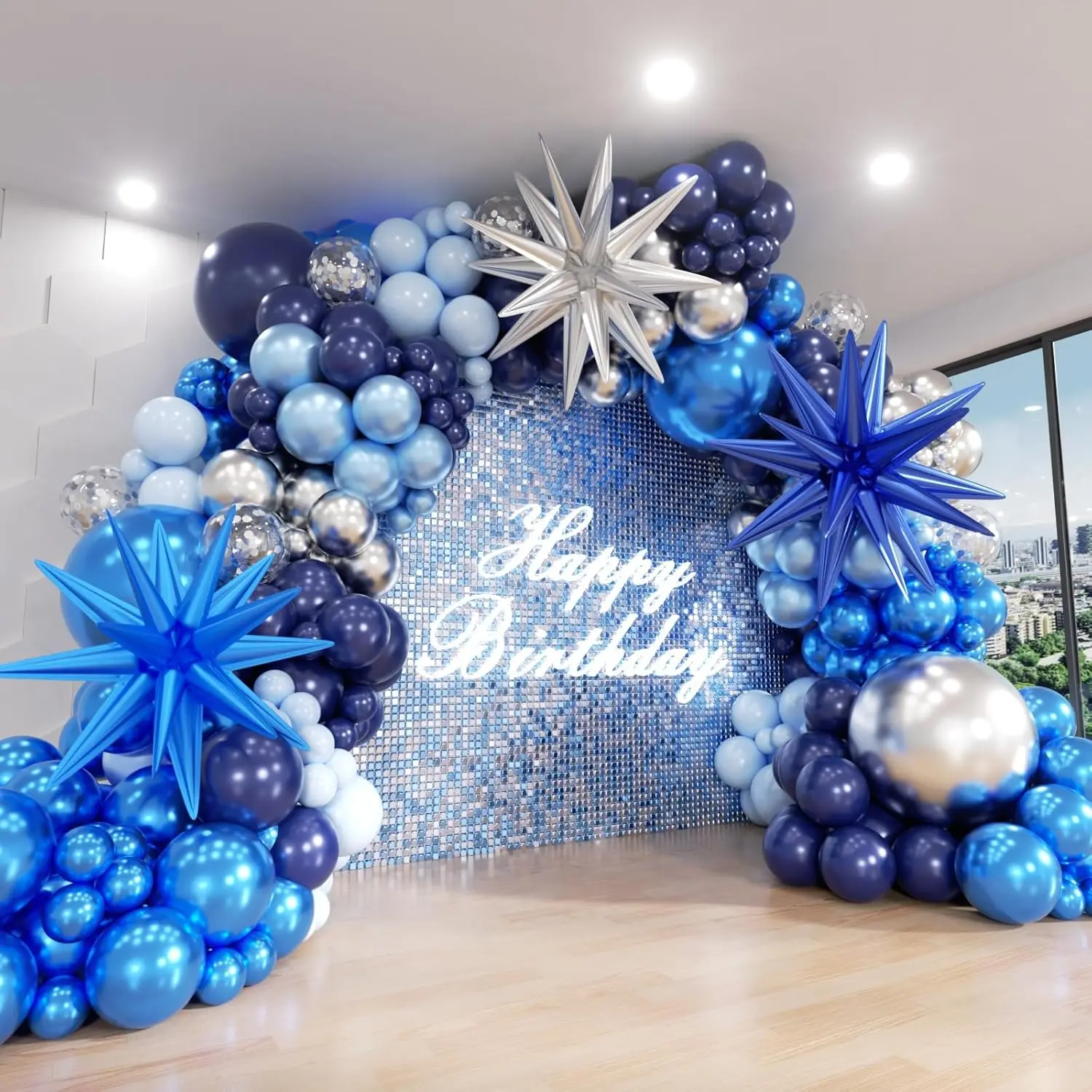 Blue Balloon Arch Kit, 152Pcs Explosion Star Various Blue and Silver Latex Balloon Garland kit Different Size Balloons for Anniversary Birthday Wedding Shower Dark Party Decorations