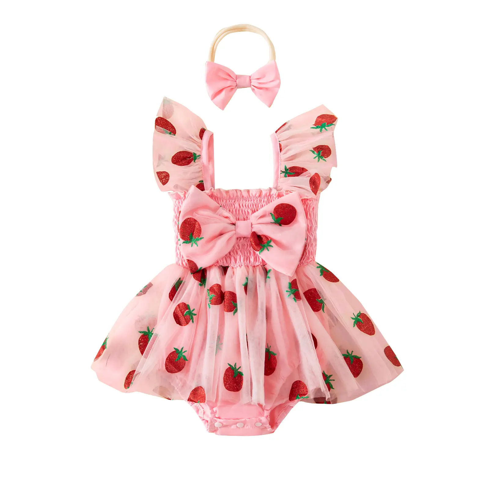 Newborn Baby Girl Outfits Sleeveless Strawberry Print Romper Dress and Bow Headband Set 0-18 Months Newborn Baby Girl Outfits Sleeveless Strawberry Print Romper Dress and Bow Headband Set 0-18 Months