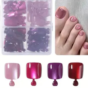96pcs Four-Color Mirror Cat Eye Toe Nails, Short Squoval Press-On Acrylic False Toes, Fake Toenails, Reusable Summer Foot Nail Art, Daily Wear