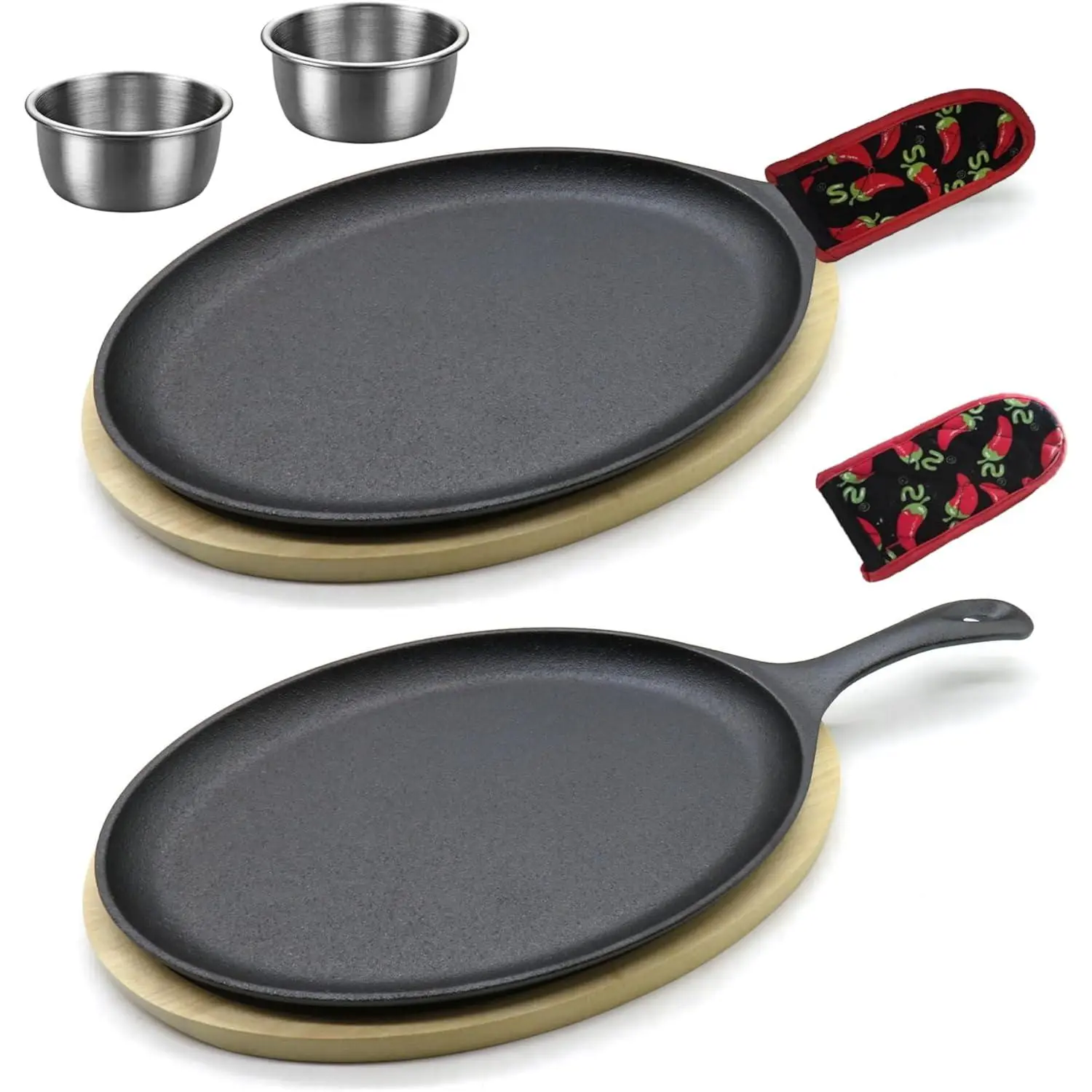 2 x Cast Iron Fajita Plate Pan Set with Wooden Tray Anti Scald Hot Mitt Skillet for Home Barbecue Kitchen Party Restaurant Catering Service