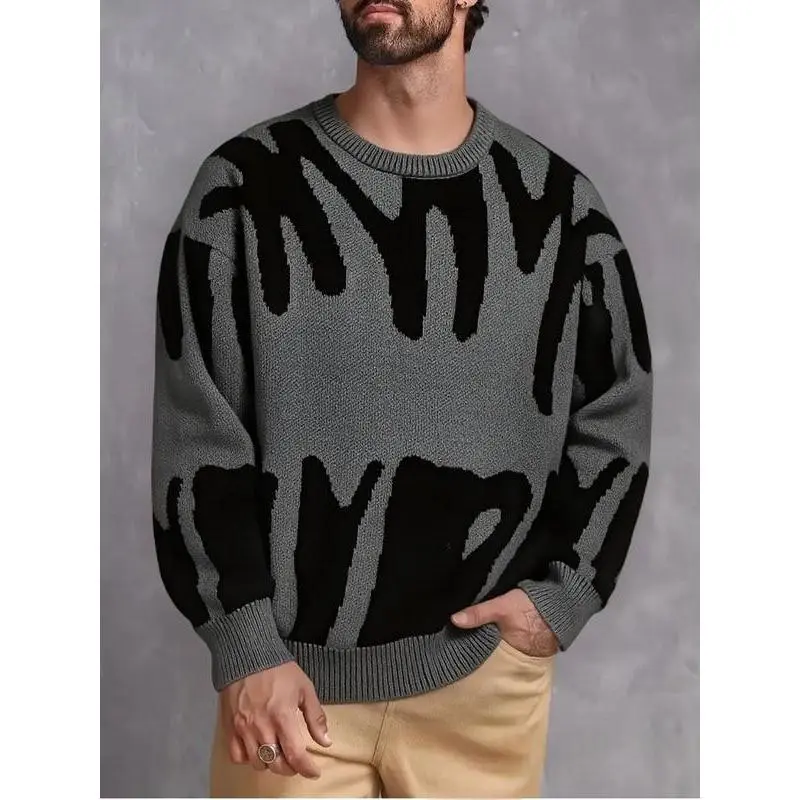 Men's Loose Fit Pullover Sweater, Casual Colorful Graphic Design, Perfect Gift for Him, Comfortable and Stylish Winter Wear