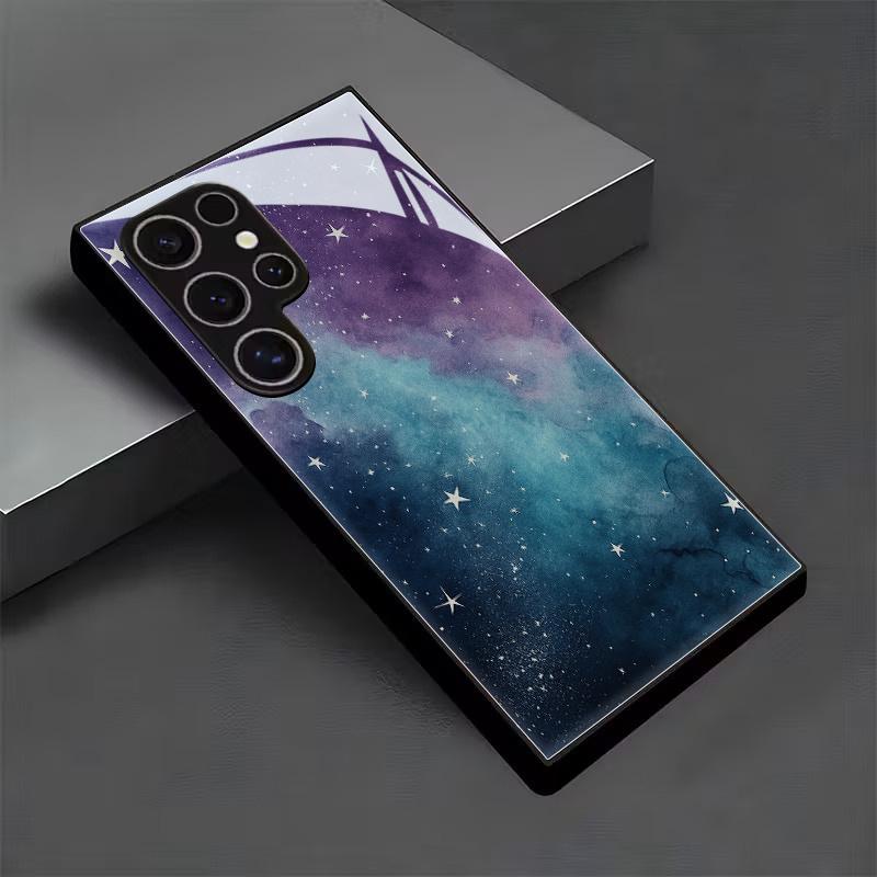 Phone Case - A Whimsical Watercolor Nebula Twirling Among Stars, Encased in a Black Tempered Glass Shell Designed for Samsung Galaxy S26 S25 S24 S23 S22Pro S21 S20 Fe Plus Ultra Pro A56 A55 A54 A53 A52 A51 A36 A35 A34 A32 A26 A25 A24 A23 A16 A15 A14 A06