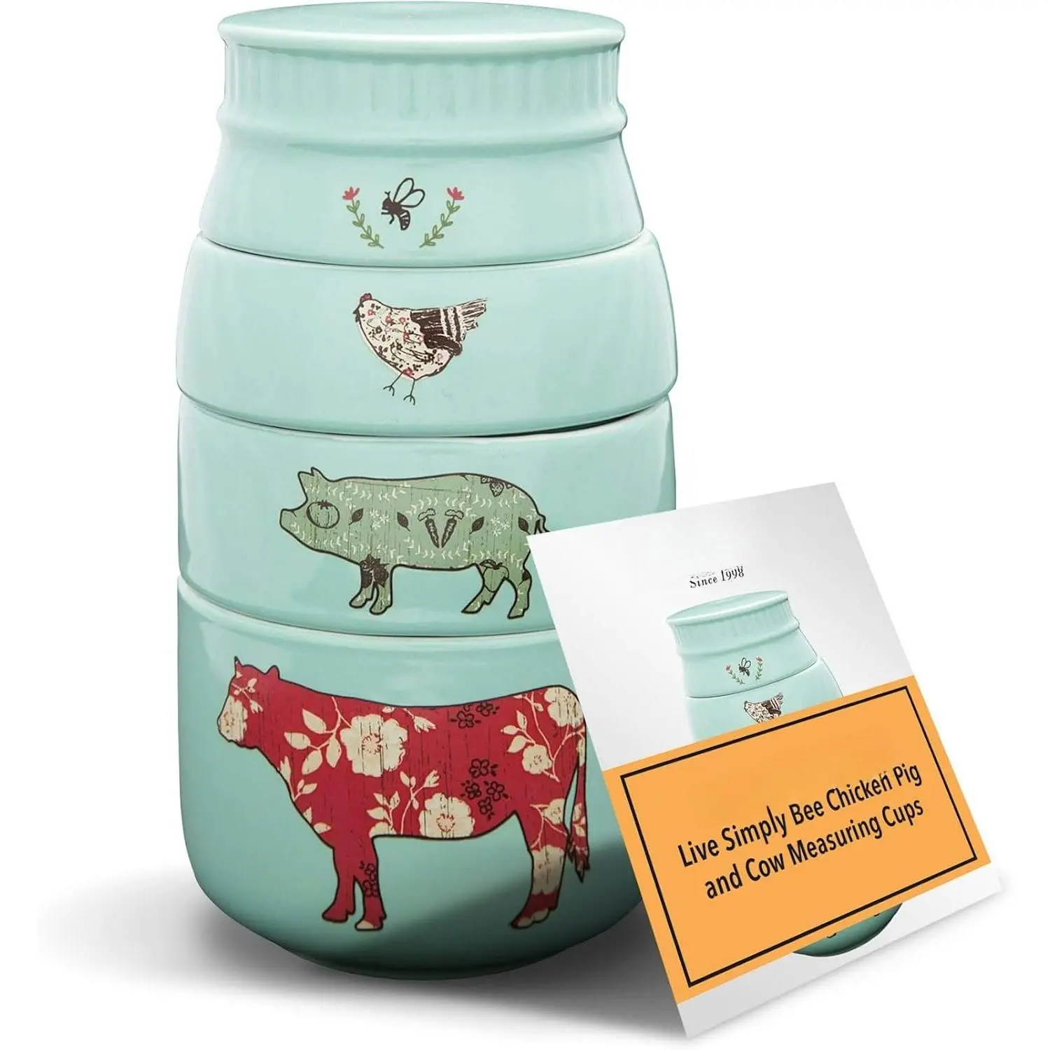 - 'Live  , Chicken, Pig, and Cow' - 4- Stoneware Measuring Cups Set, Sturdy -Style Kitchenware for  Baking, Cooking, ing - Teal, 8 Ounces