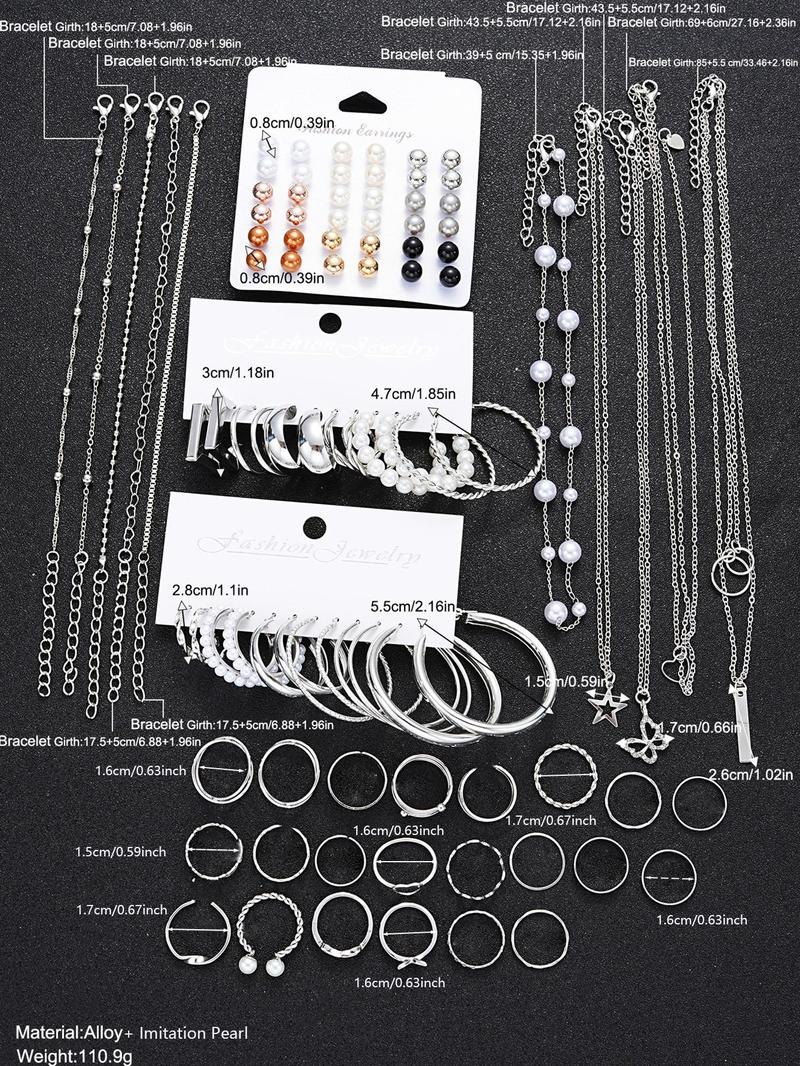 Fashion Faux Pearl Decorated Jewelry, Heart & Flower & Geometric Shape Earring Bracelet Necklace Ring Jewelry Set, Elegant Jewelry Set, Gifts without Box