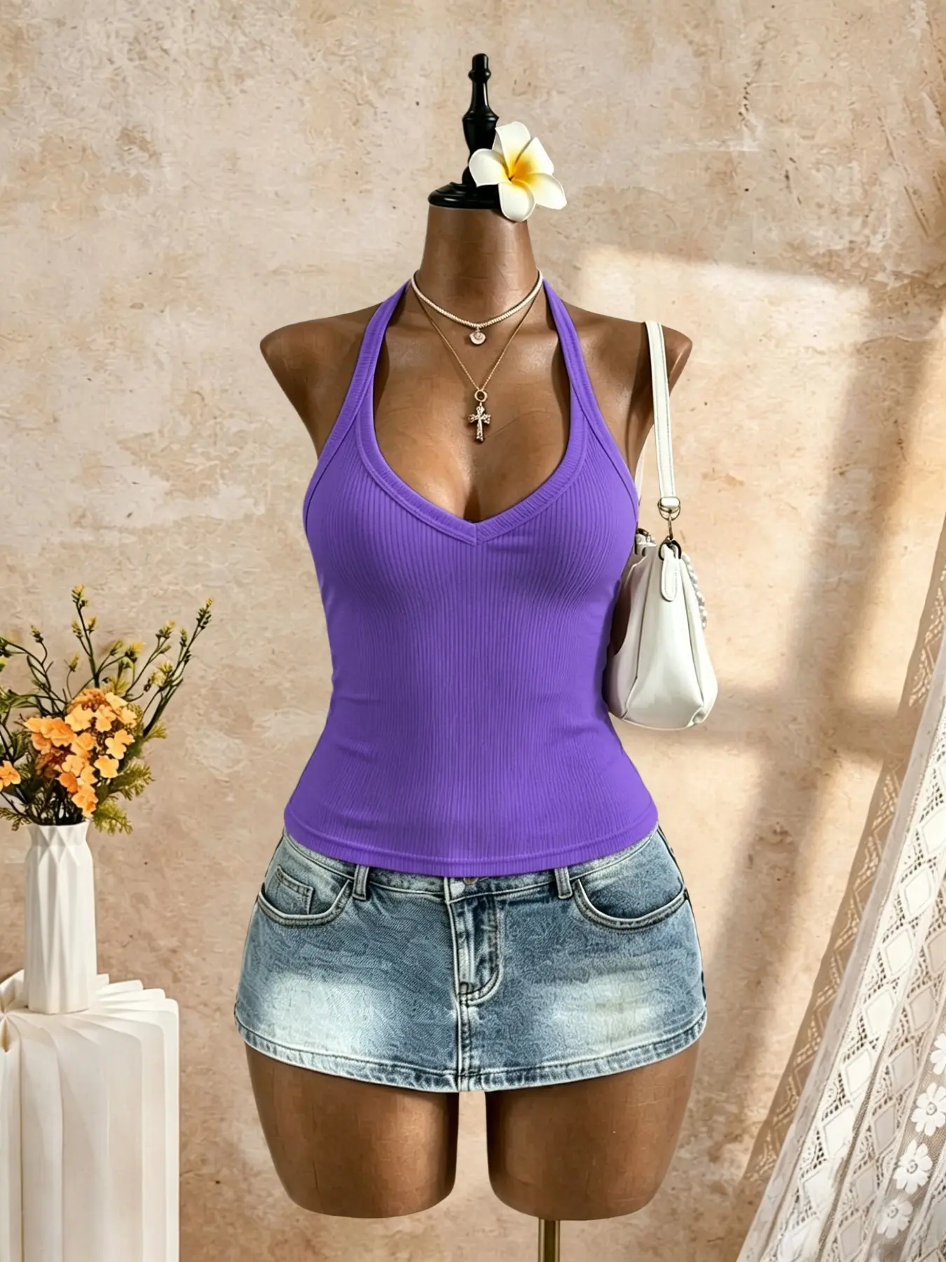 Women's Solid Color Purple Halter Ribbed Knit Tank Top, Deep V Neck Slim Fit Strapless Shirt, Casual Sleeveless Basic Top for Everyday Wear Sleeveless Knitted