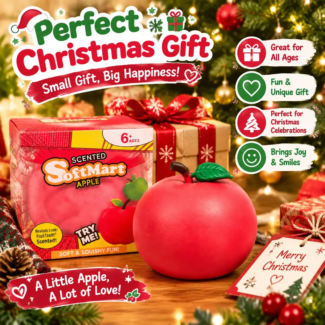 Christmas Jumbo Red Apple Fruit Squishy Toy 5.31in, Super Soft Squeeze Fidget Toy, Fun Stress Relief Toy for Xmas Room Decor, Gift Giving, Holiday Giveaways and Display Collection, Squishies Stress Relief