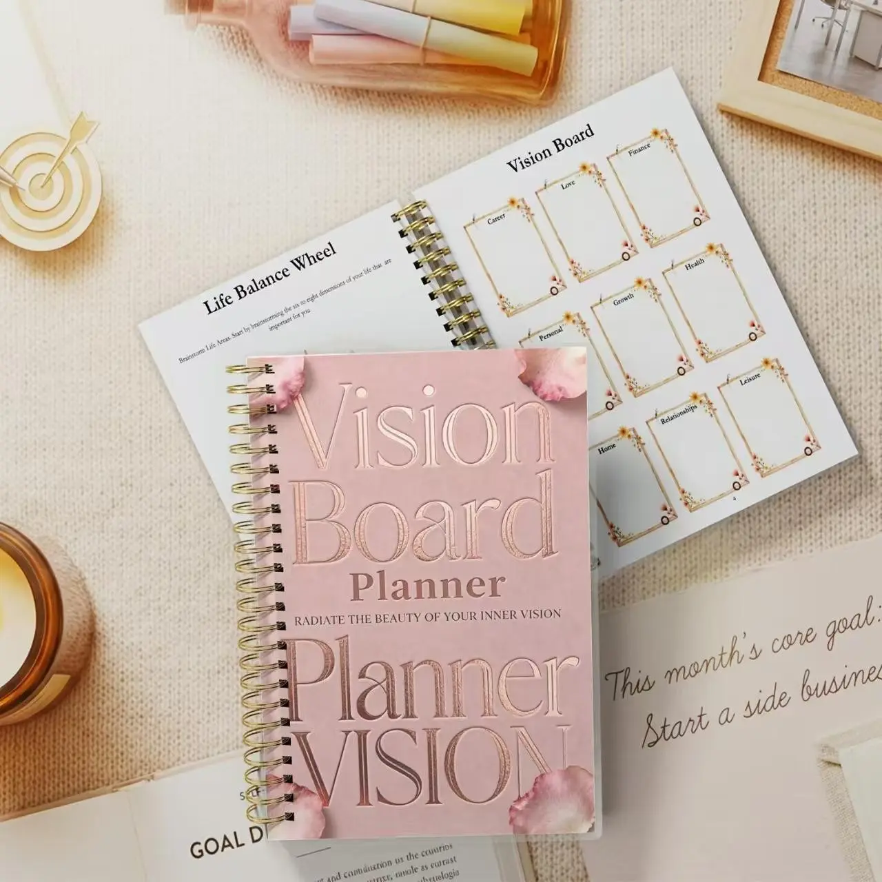 Luxurious Rose Gold Embossed Vision Planner Notebook, Luxury Goal Setting Journal, Daily Manifestation Workbook, Inspirational Self-Development Gift