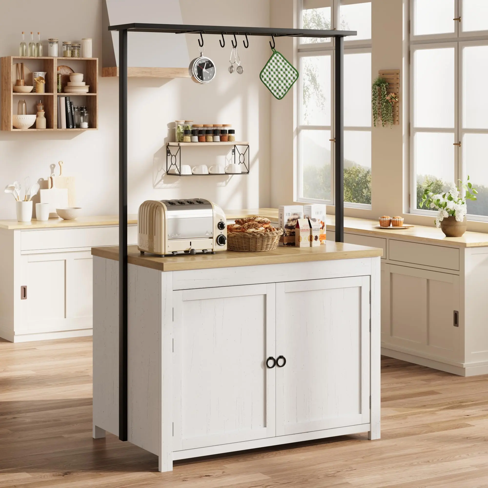 Garvee 42" Heavy-Duty Kitchen Island with 30mm Countertop - Multi-Functional Storage Cart with 3-Tier Shelves, 5 Hooks & 400lb Capacity, Wood Bakers Rack for Small Spaces (White & Natural)