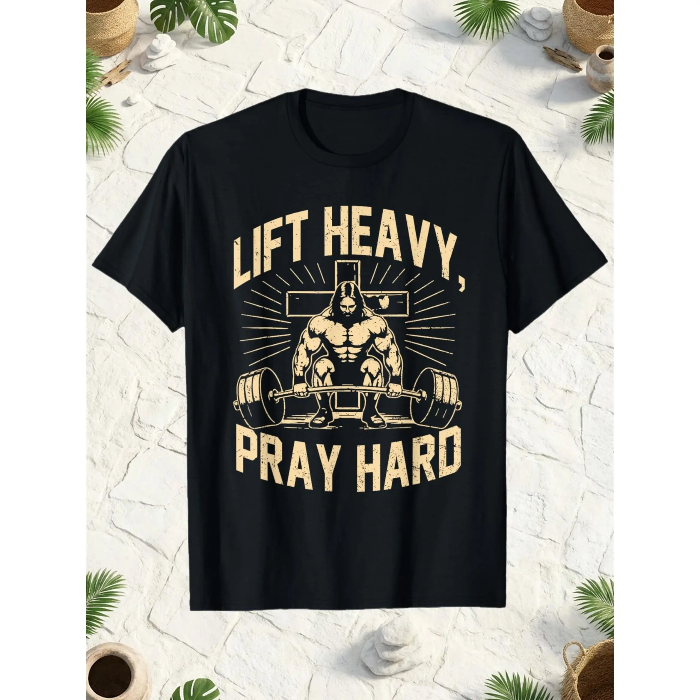 Christian Workout T-Shirt with Golden Lettering - Lift Heavy Pray Hard Gym Shirt, Faith-Based Fitness Apparel, Loose Fit Religious Weightlifting Design for Church, Gym & Casual Wear - Unisex Christian Muscle Tee for all-Season (Spring, Summer
