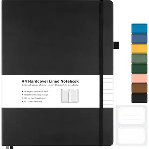 A4 Large College Ruled Lined Notebook Journal, Hardcover Leather Professional Business Notebook with 192 Thick Paper, 2 Pockets, Lay Flat, for Work Men Women, Black