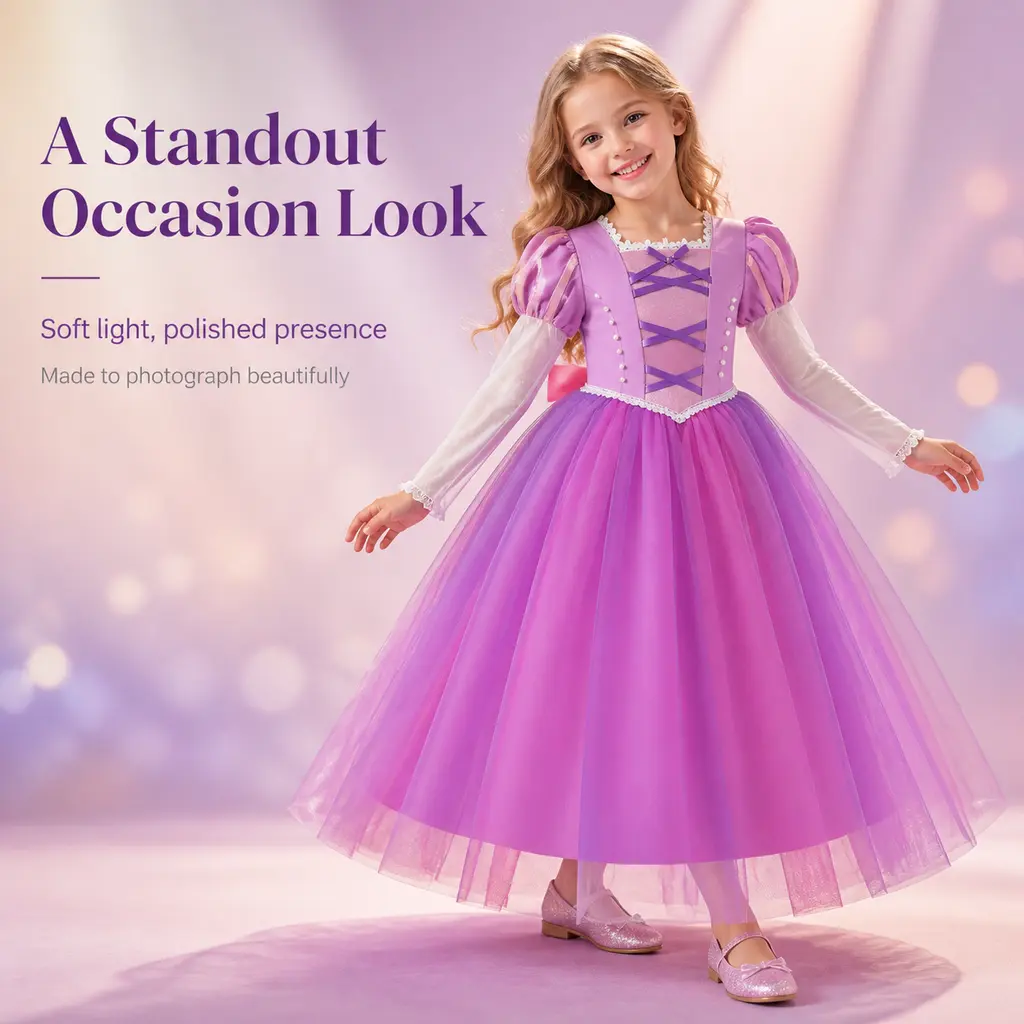 Girls' Rapunzel Princess Purple Long-Sleeve Tulle Dress, Kids' Halloween Party Cosplay Outfit