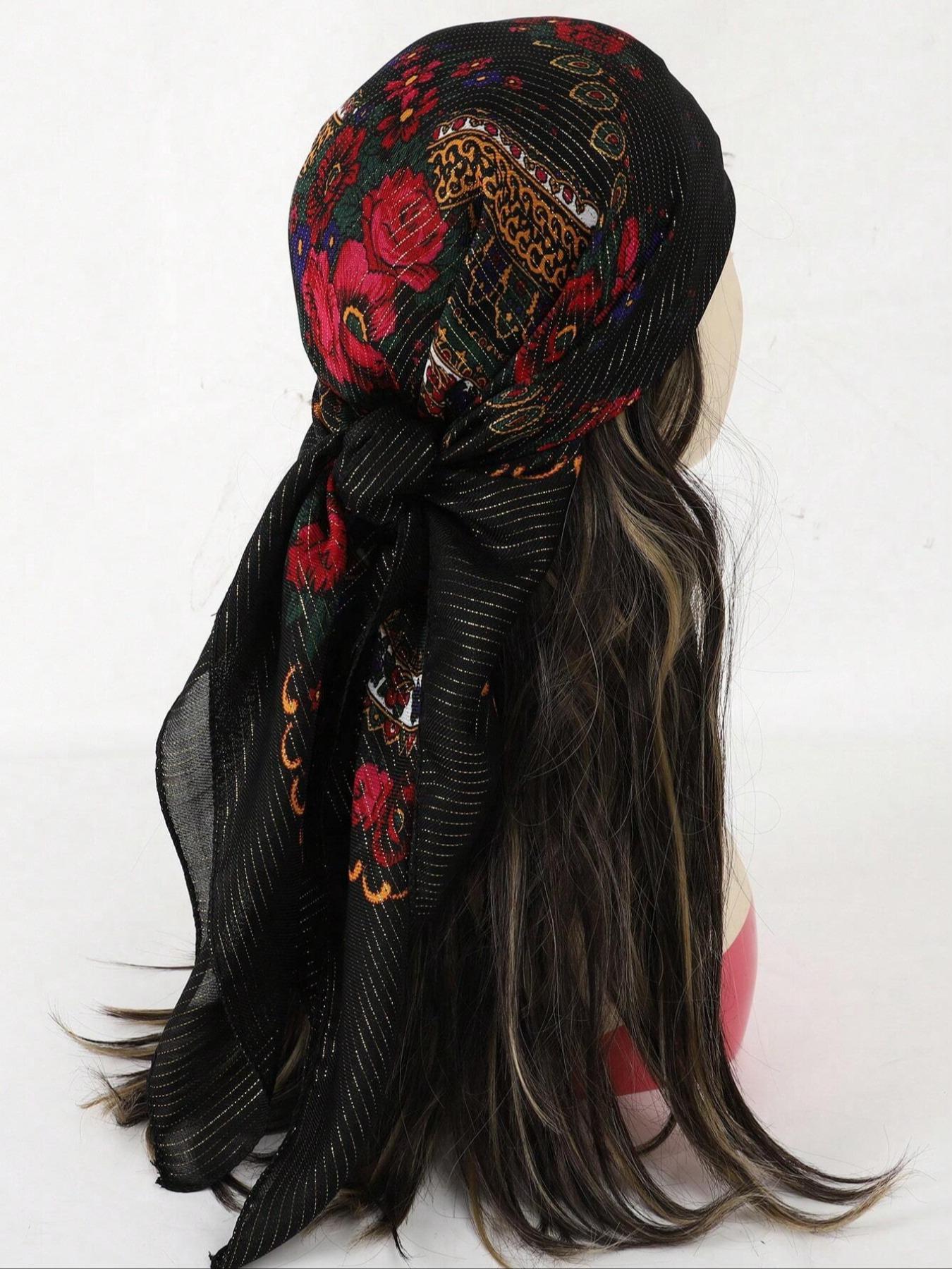 1pc Women's Elegant Multicolor Fashionable Gold Thread Printed Multifunctional Scarf For Gift Giving, Bandana Bandana,Hair Band,Head Band Ideal For Dressing Up Your Look, Boho Style Shawl, Turban Hijab, Tignon Scarf