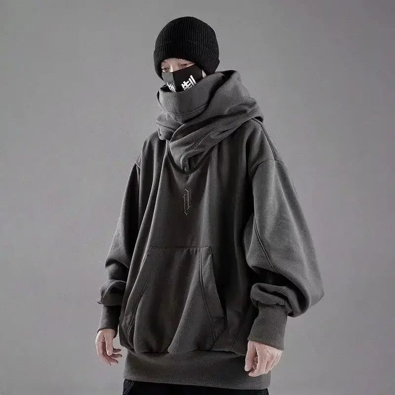 EmbroideryTurtleneckSweatshirtForMenJapaneseNinjaHoodiesAutumnHipHopFleecePocketStreetwearOversizedY2KHoody