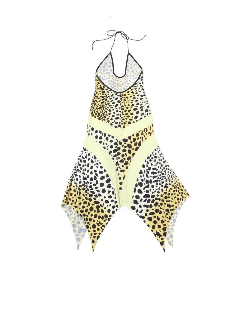 Women's Leopard Print Criss Cross Cut Out Halter Neck Dress, Casual Trendy Boho Asymmetrical Hem Sleeveless A Line Long Dress for Summer, Bohemian Casual Dress, Fashion Women's Dress for Beach Holiday, Womenswear, Chic Elegant Style