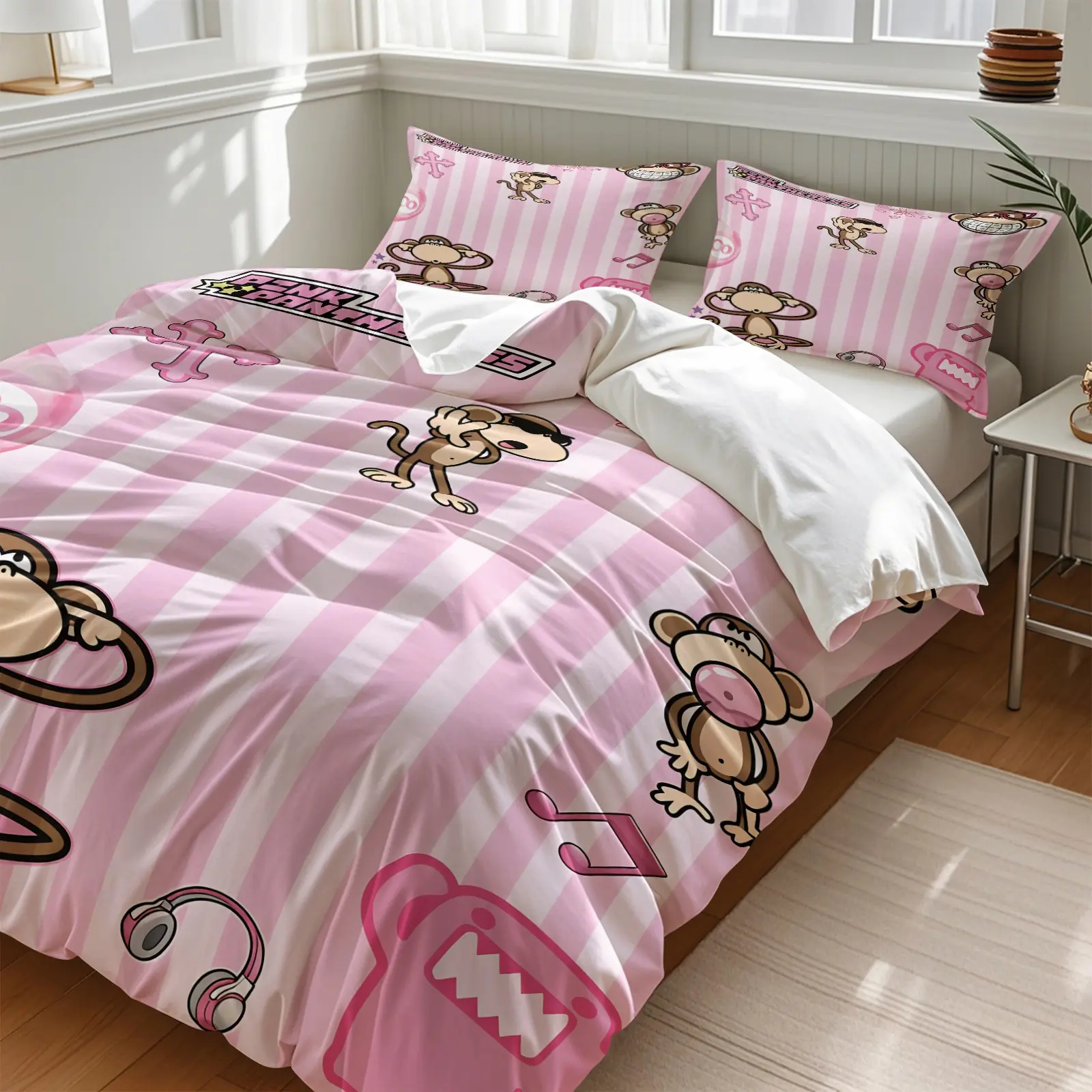 3PCS Pink Stripe Cartoon Monkey Duvet Cover Set (1 Duvet Cover + 1-2 Pillowcases), Cute Bubblegum Music Monkey Print, Skin-Friendly Soft Comfy All Seasons Summer Bedding Set, Ideal for Y2K Girly Bedroom Dorm Decor