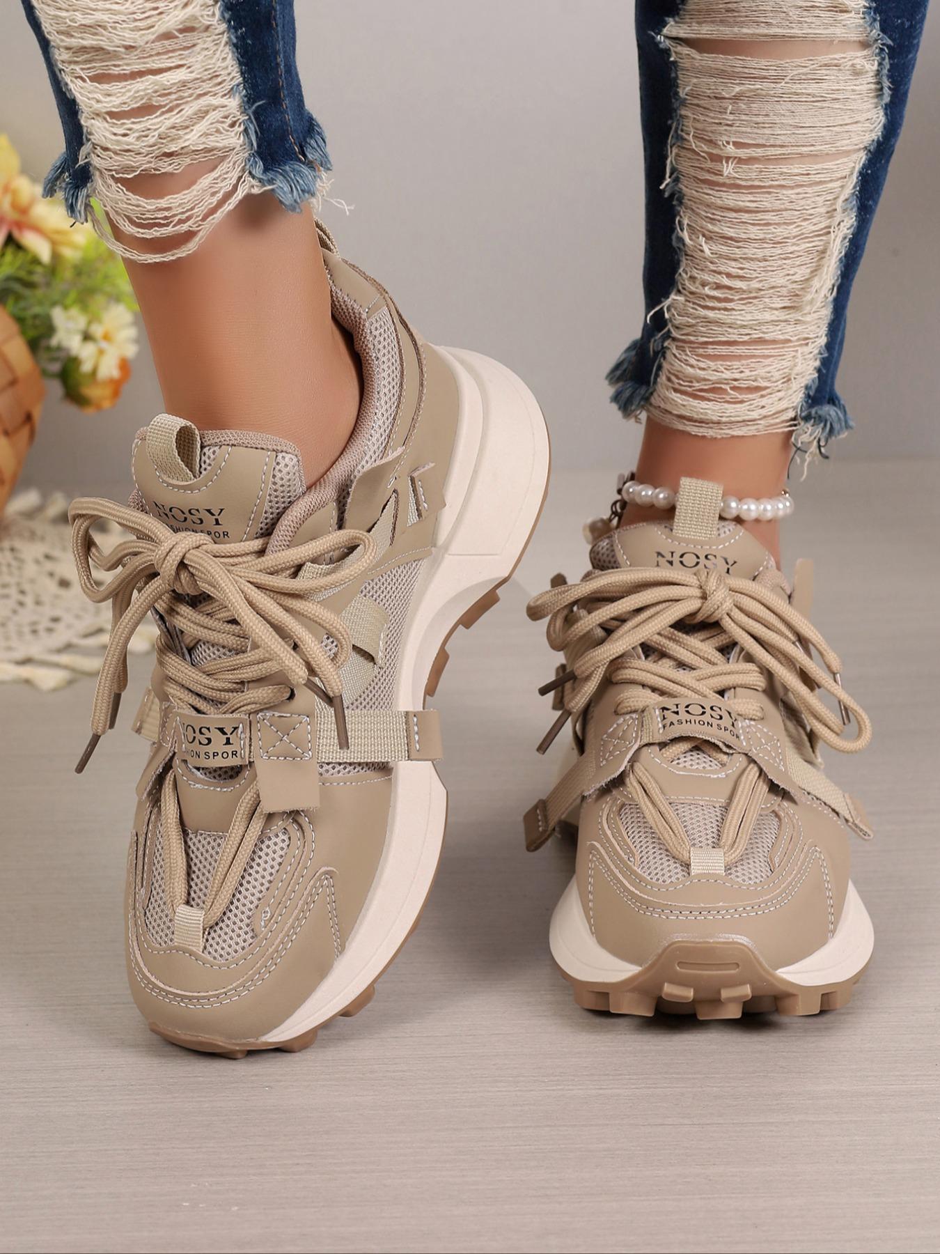 Women's Fashionable Solid / Colorblock Lace Up Sport Sneaker Walking Shoes, Casual Comfortable Breathable Sports Shoes, Female All-match Round Toe Shoes for Daily Wear