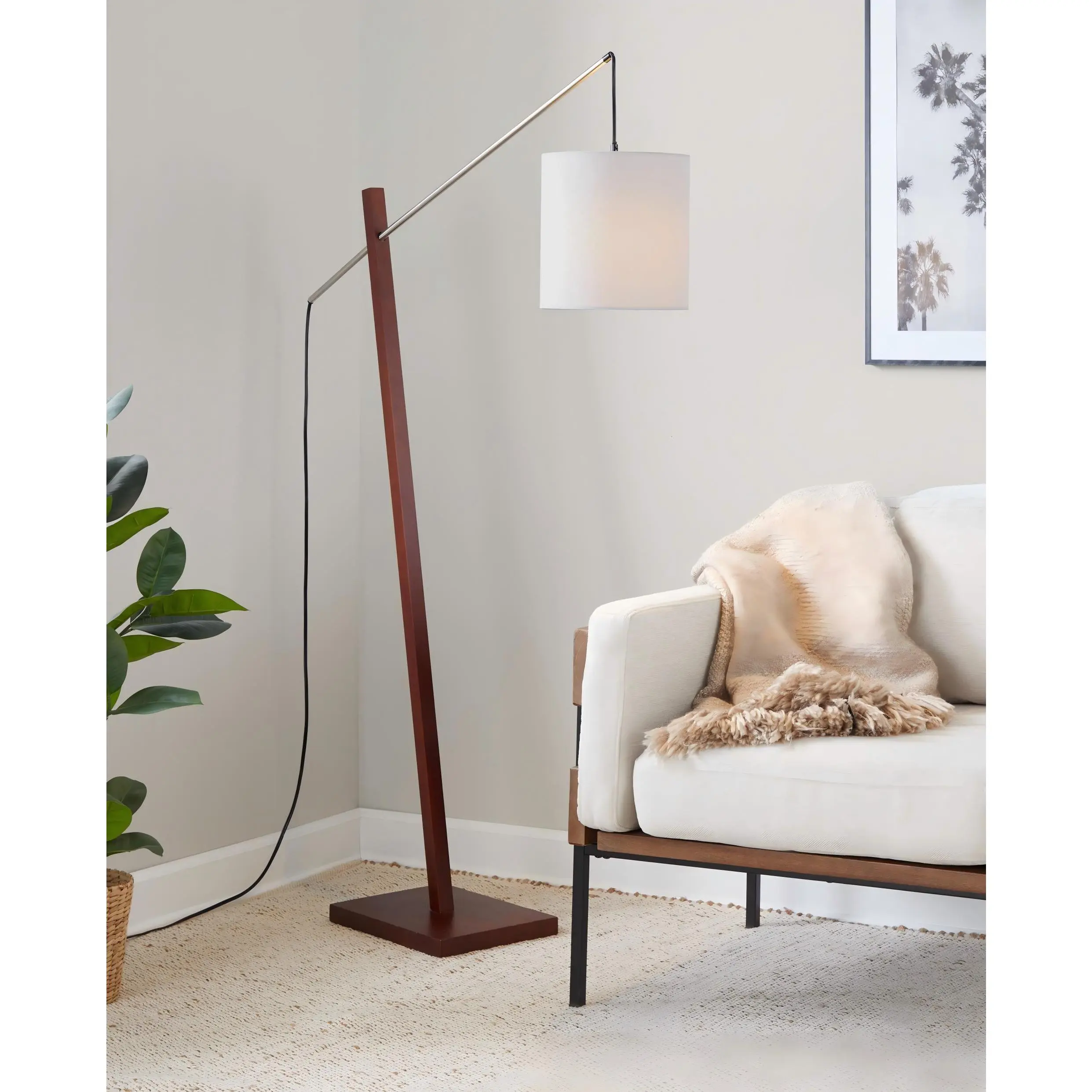 Nokaa Arturo Contemporary Floor Lamp Walnut Wood Base White Fabric Shade Modern Standing Light for Living Room Bedroom Office Reading Corner Home Decor Lighting Fixture