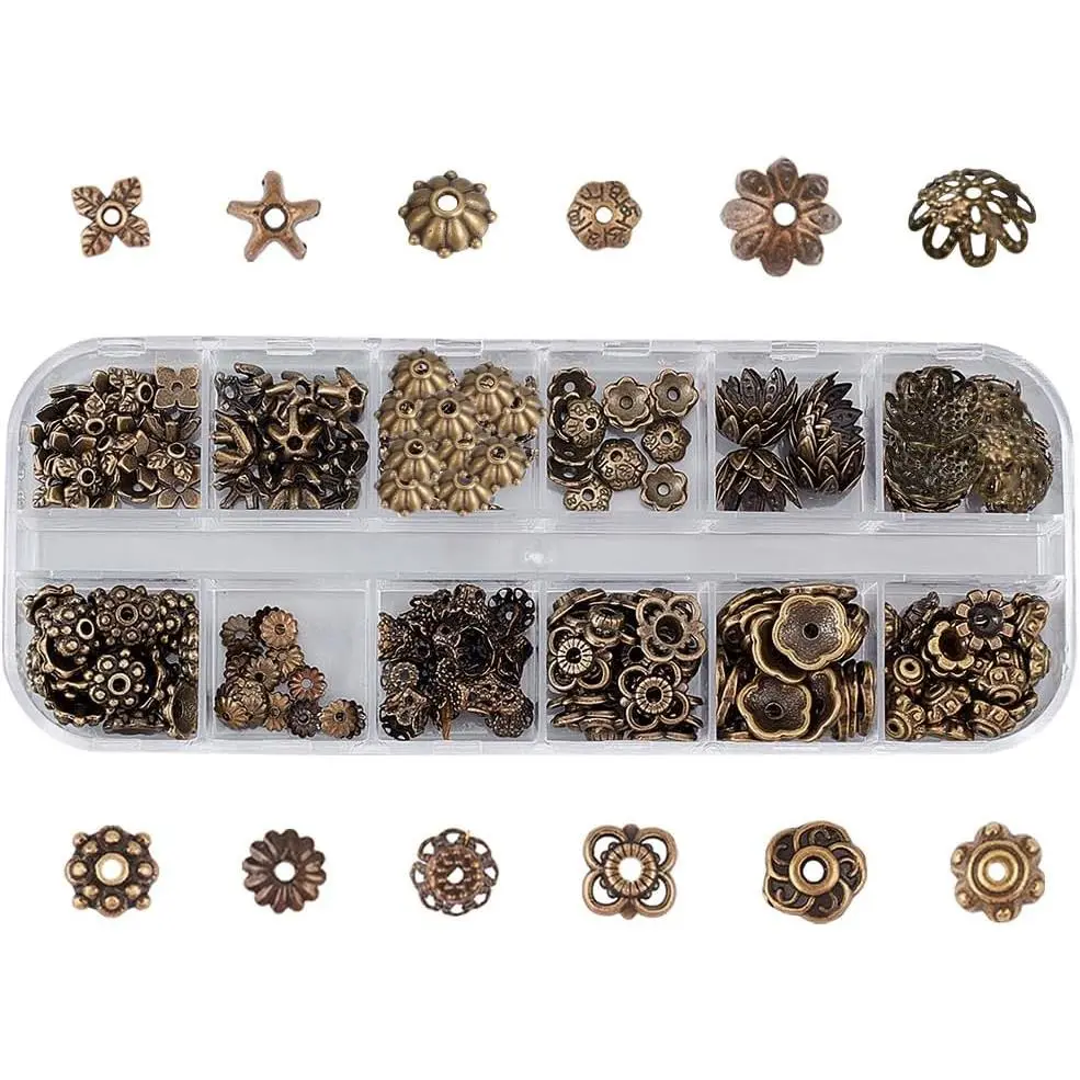 1 Box 240 count 12 Styles Spacer Beads Caps Bulk  Style Antique Bronze Flower Bead Caps Alloy Metal Flower Loose Spacers for  Making End Findings  Fixed