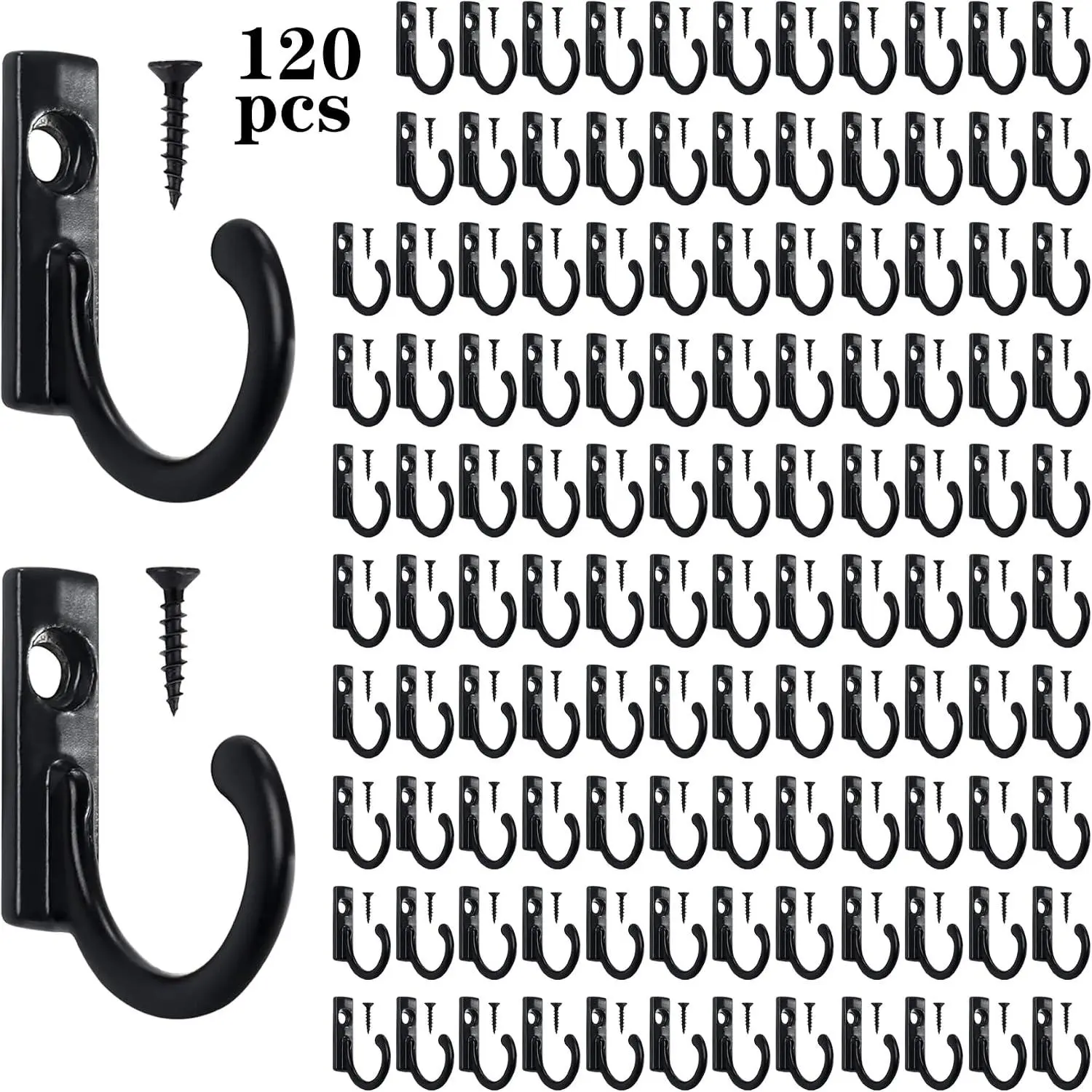 Coat Hooks-120 Pack  Hooks with 120 count Metal Screws, Black Decorative Rustic Coat Hooks Rack, Wall Mounted Single Prong Robe Hook,  Organizer  Wire Hook Key Hooks