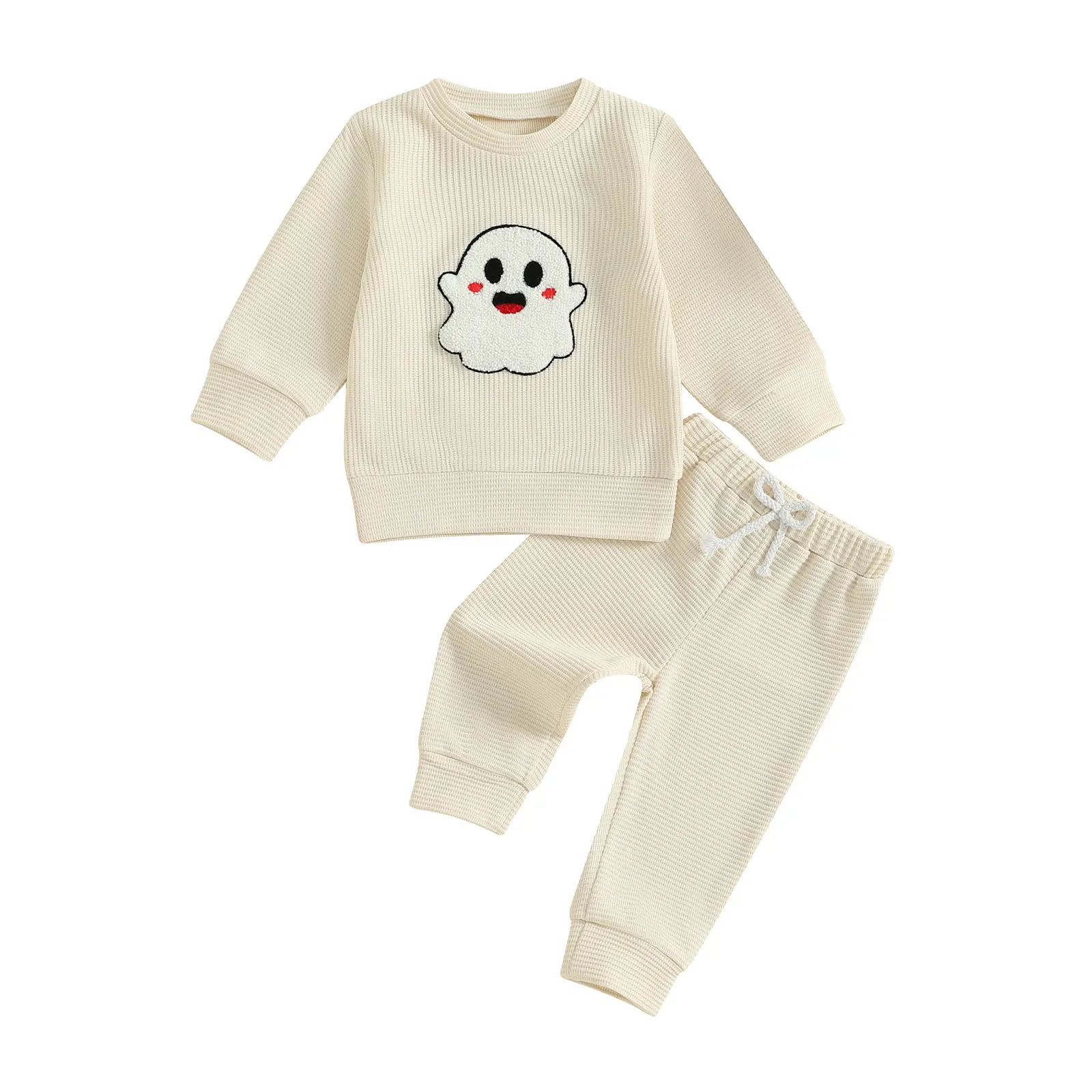 Toddler Baby Boy Halloween Outfit Ghost Embroidered Long Sleeve Sweatshirt Solid Joggers 2 Piece Waffle Knit Set
