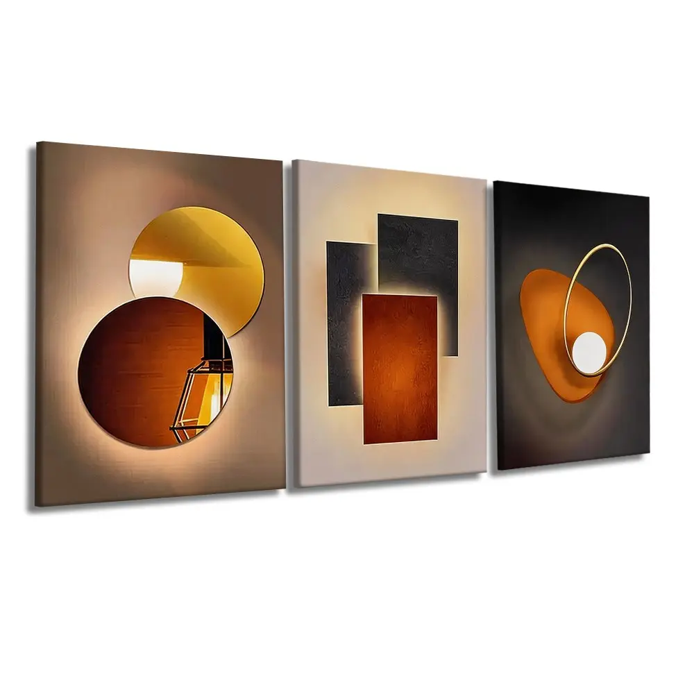 3 Pcs/Set Wooden-Framed Canvas Painting, Warm Orange Black Gold Geometric Pattern Design Circle Rectangle Abstract Triptych Art Print for Living Room, Bedroom, Office Decoration, Modern Home Decor, Fashion Artistic Ornaments, Artwork
