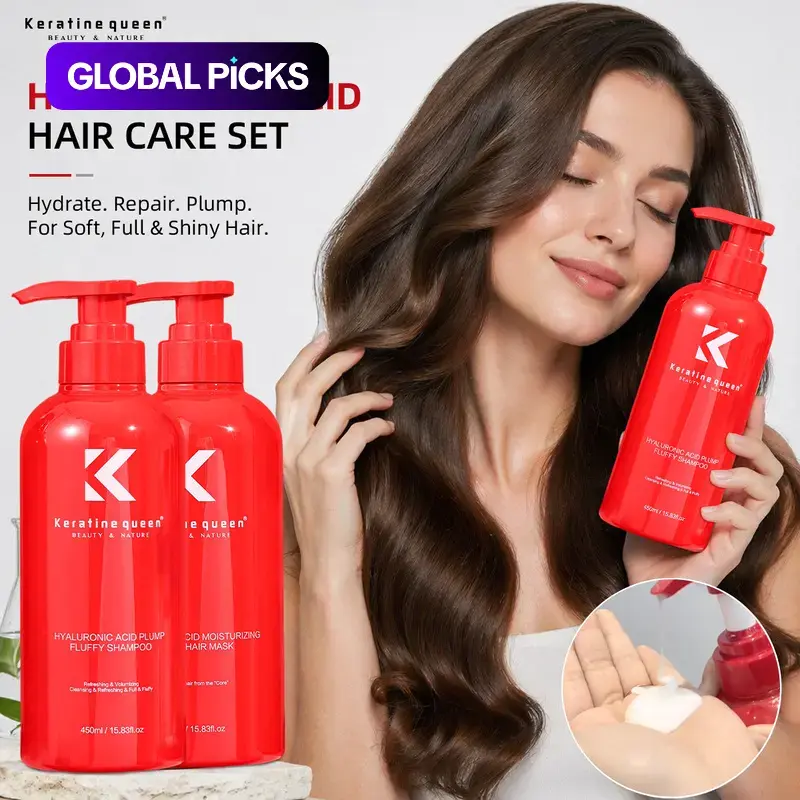 Keratin Queen Hyaluronic Acid Haircare Gift Set, Salon Fluffy Shampoo & Repair Hair Mask 450ml*2, Sulfate & Paraben Free, Hydrate Frizzy Dry Hair Anti Dandruff Oil Control Long Lasting Fragrance Luxury Gift Box For Damaged Hair