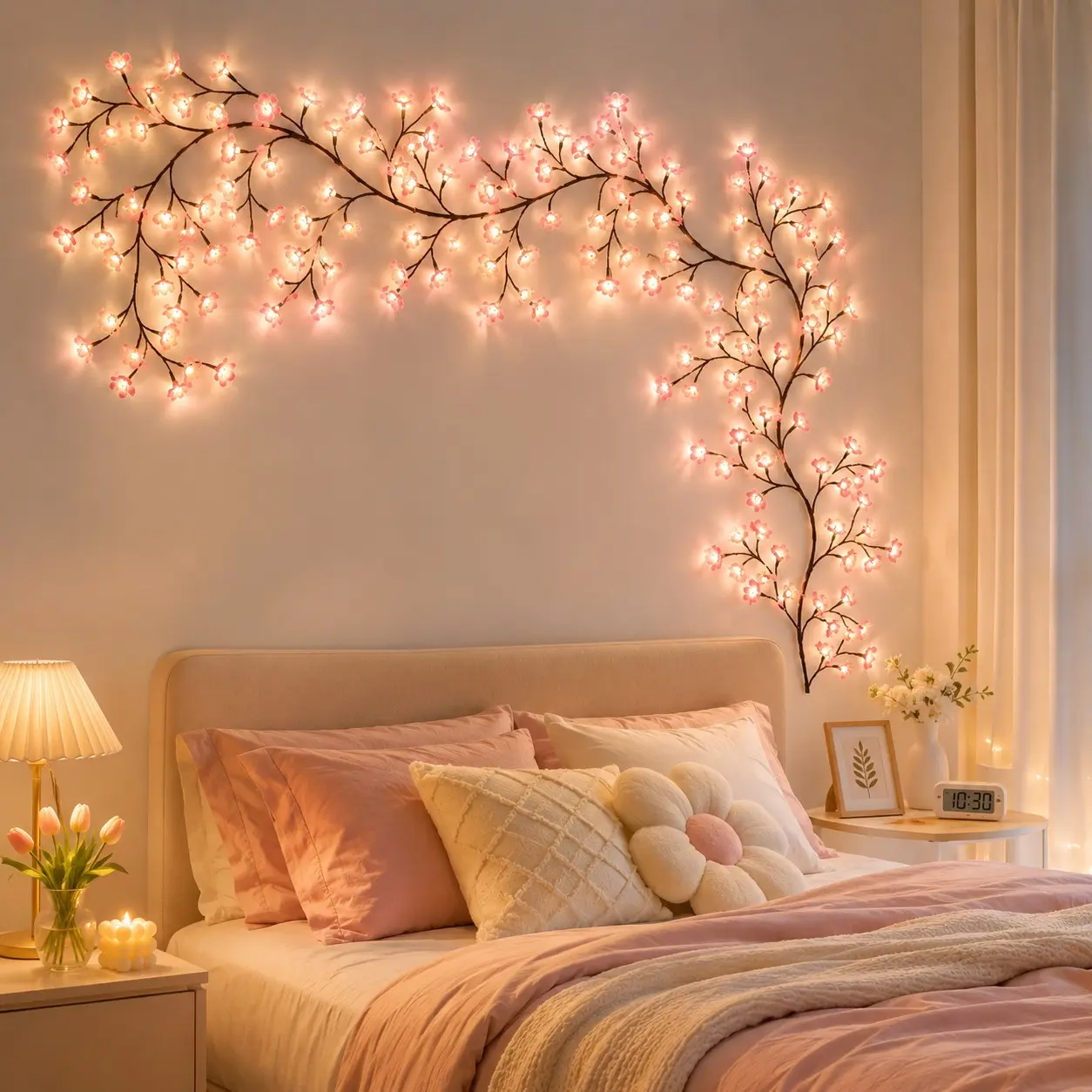 USB-Powered Artificial Peach Blossom Vine Light, Ambient Lighting with 96 LEDs, Wall-Hanging Pink String Light, 8 Lighting Modes, Dimmable DIY LED Decoration for Weddings & Parties