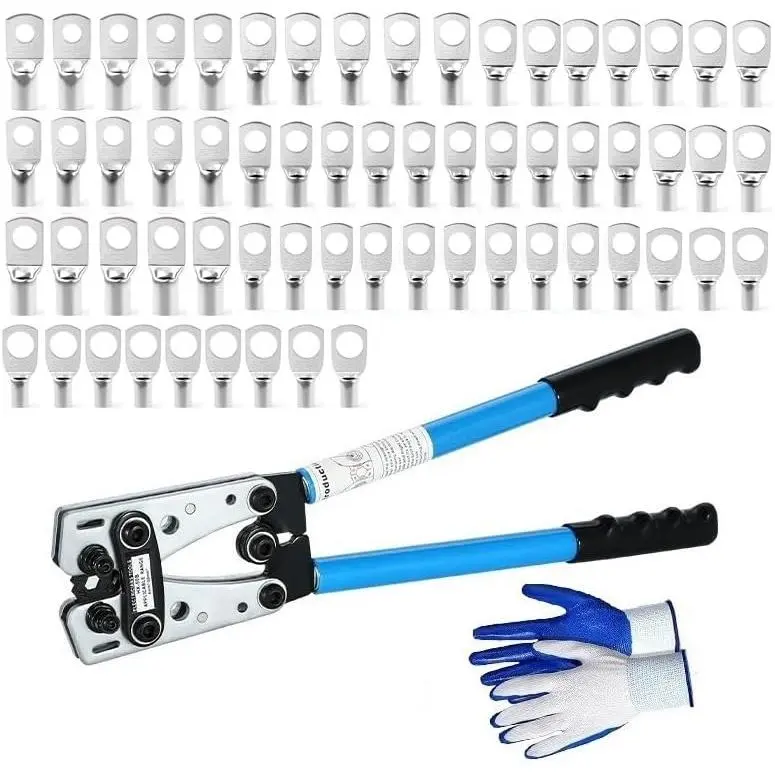 HX-50B   Crimping Tool Kit with 60 count Copper Ring Terminals, AWG 8-1/0 Heavy Duty Hex Lug  Set for Marine, Solar, Auto Wiring