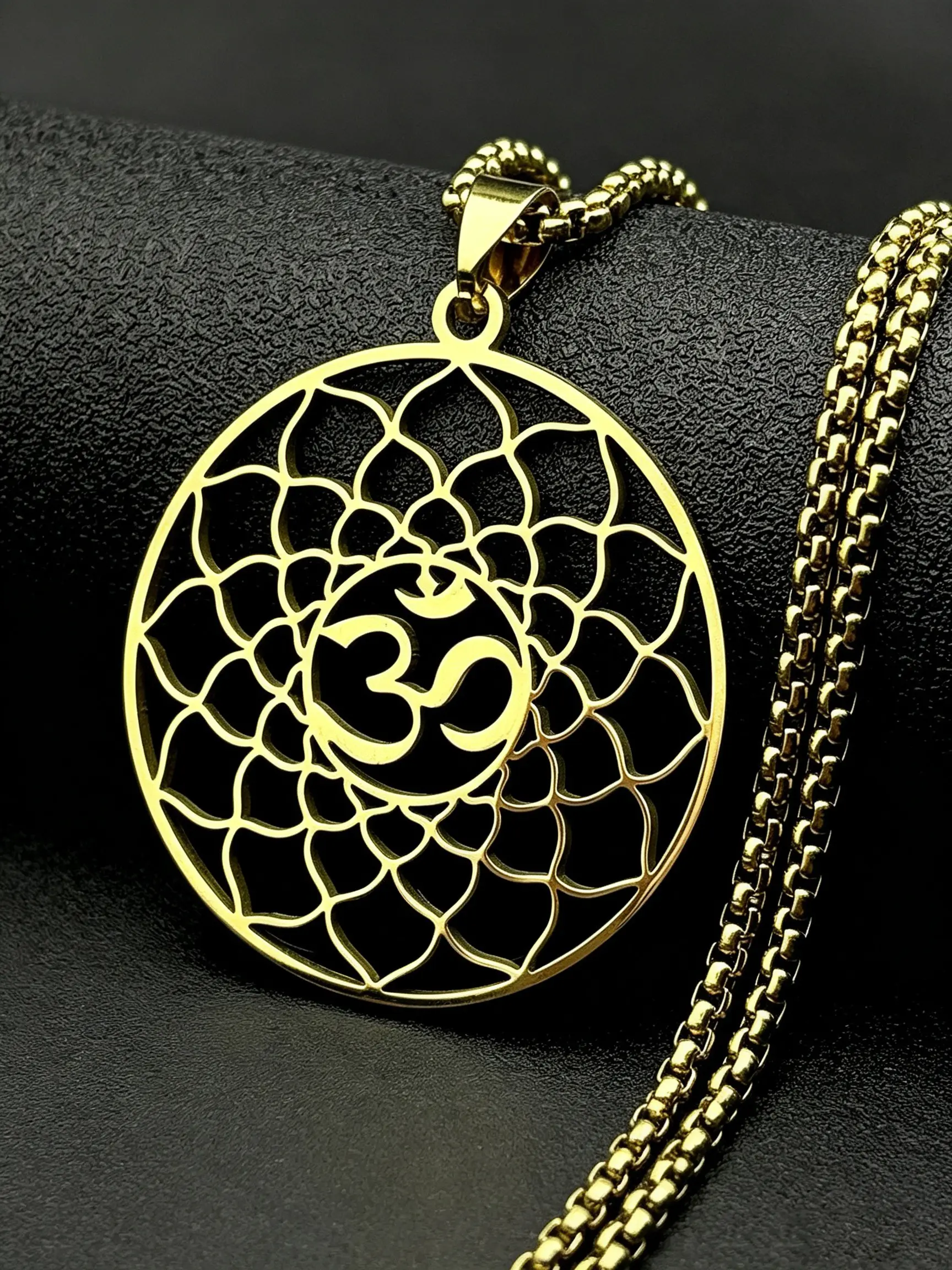 Lotus Flower of Life Hindu Om Symbol Yoga Stainless Steel Pendant Necklace for Women Men Gold Color Buddhist Chain Jewelry Gift