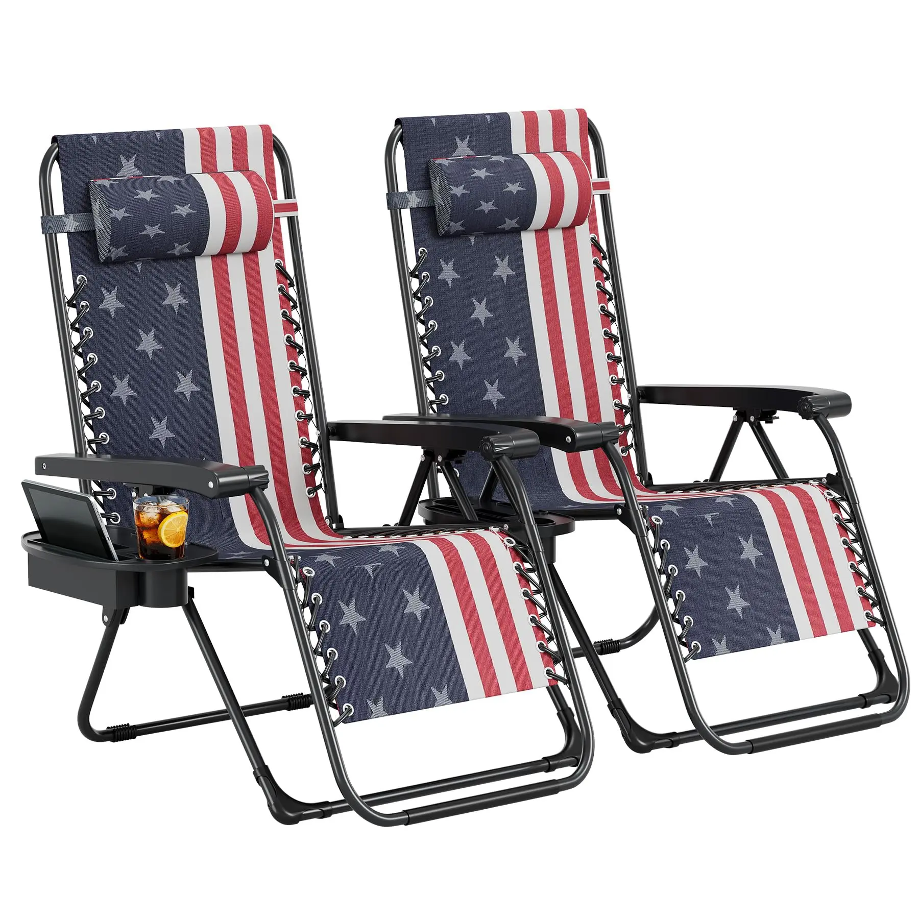 Set of 2 Weightless Comfort Free Patio Recliners Adjustable Folding Outdoor Chairs With Pillow Cup Holder Breathable Mesh Fabric Furniture For Garden Deck Beach Yard