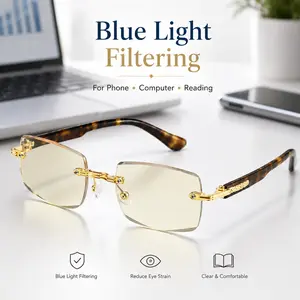 Luxury Rimless Reading Glasses, Blue Light Filtering Amber Tint Readers, Lightweight Cut-Edge Eyeglasses for Reading Phone Computer
