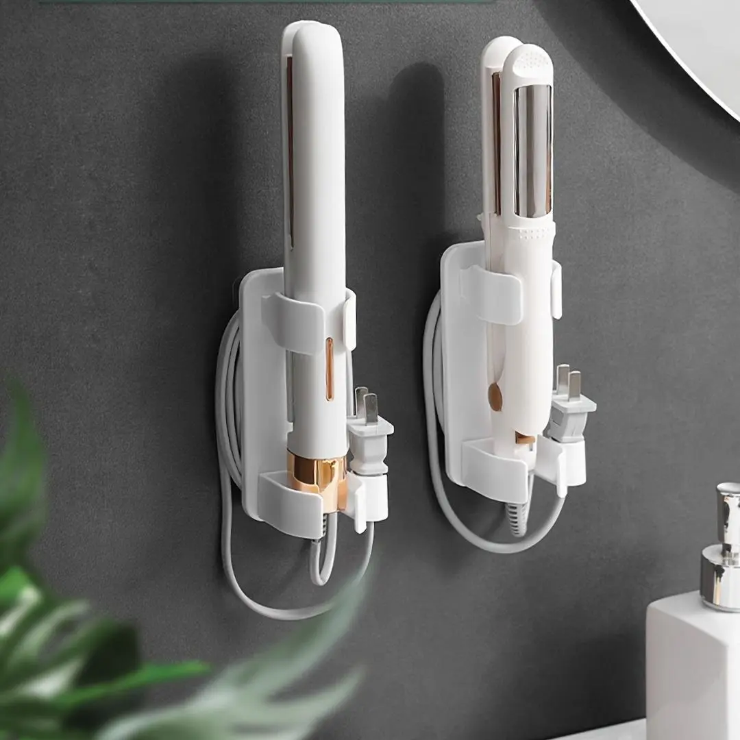Wall-Mounted Bathroom Storage Holder for Curling Iron, Hair Straightener, Comb, Hairbrush, Clips, Toothbrush - No Drilling Required, Black/White