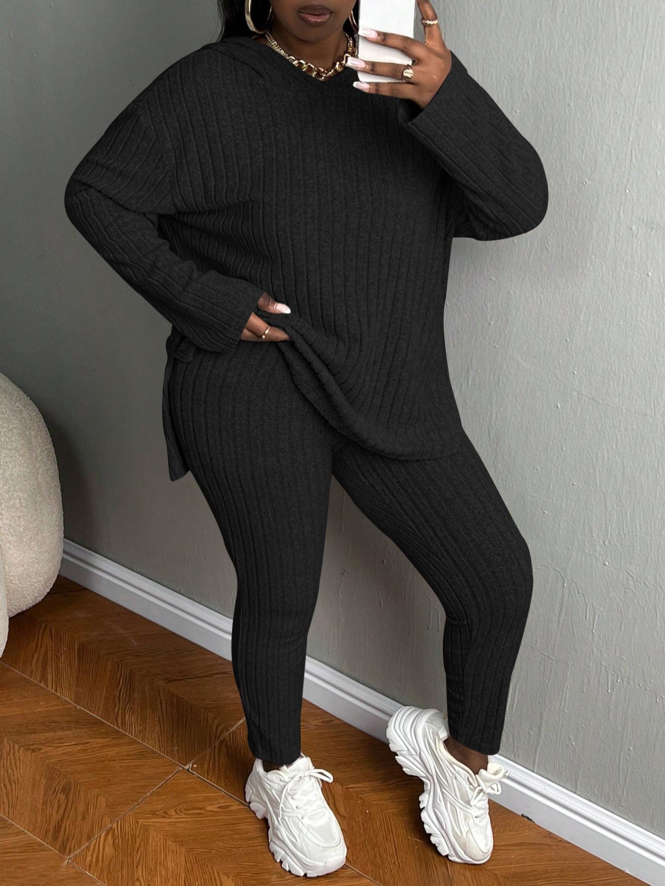 [Plus Size] Women's Two-Piece Set Solid Textured Ribbed Drop Shoulder Long Sleeve Hoodie & Elastic Waist Pants, Casual Fashion Cozy Ribbed Outfits for Daily Outdoor Wear, Ladies Clothing for Fall & Winter