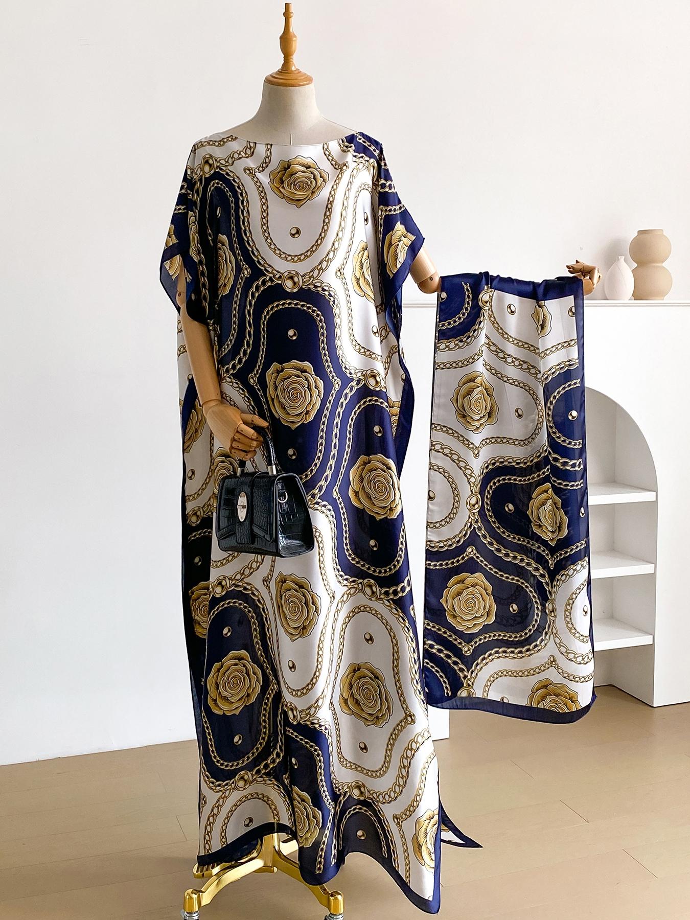 Elegant Floral Print Robe Set with Shawl Collar Dress, Long Scarf Headband for Women, Beach Sun Protection Satin Silk Fabric