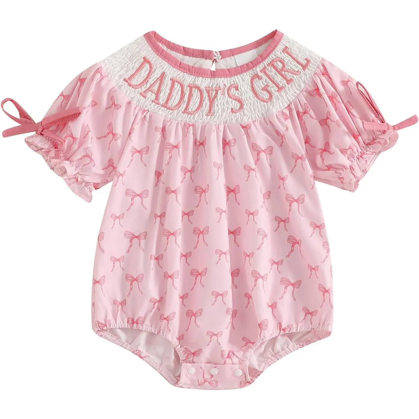 Newborn Baby Girl Romper Mamas Mini Bow Plaid Print Puff Sleeve Smocked Bubble Romper Jumpsuit Bodysuit Clothes, Snaps