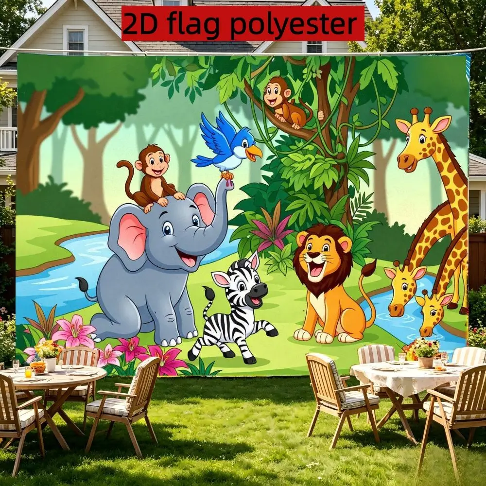 2D Flat banner 1pc cartoon jungle animal theme banner elephant lion zebra element party layout, background decoration, fairy tale style background cloth polyester indoor and outdoor Jungle Backdrop