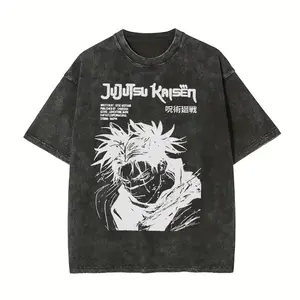 Vintage Washed Black Jujutsu Kaisen Gojo Satoru Graphic T-Shirt, Retro Anime Manga Distressed Unisex Cotton Streetwear Short Sleeve Tee