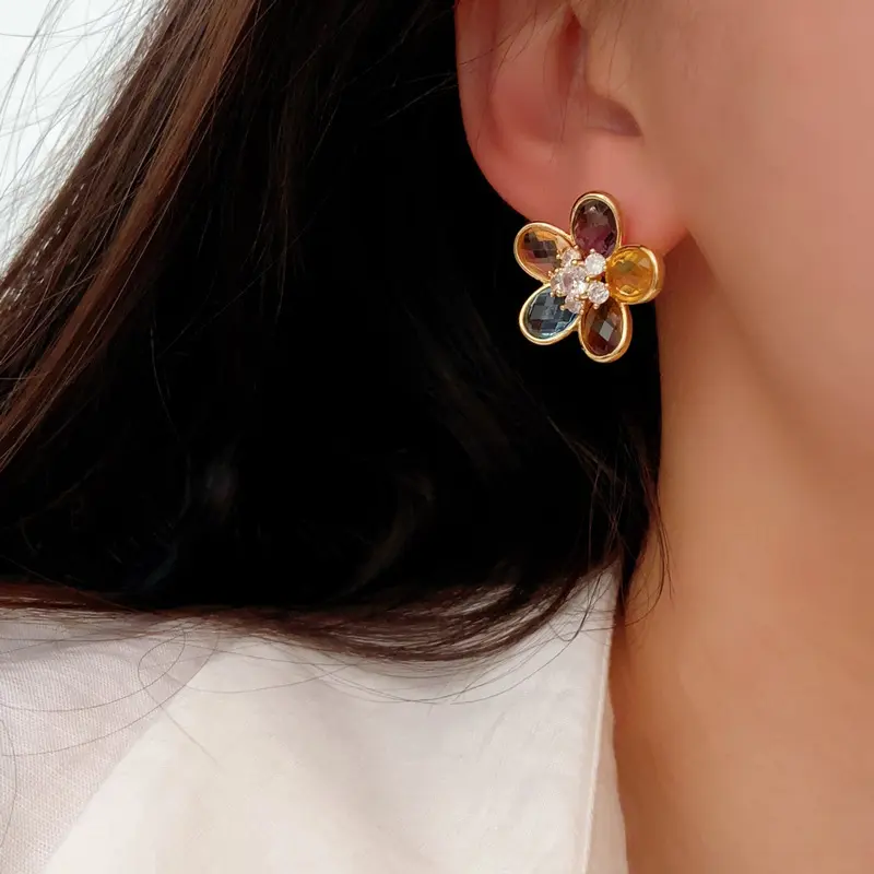 Women’s Lightweight Multicolor Crystal Flower Stud Earrings, Sparkling Floral Jewelry for Everyday Wear, Summer Vacation, Birthdays and Mother’s Day Gifts